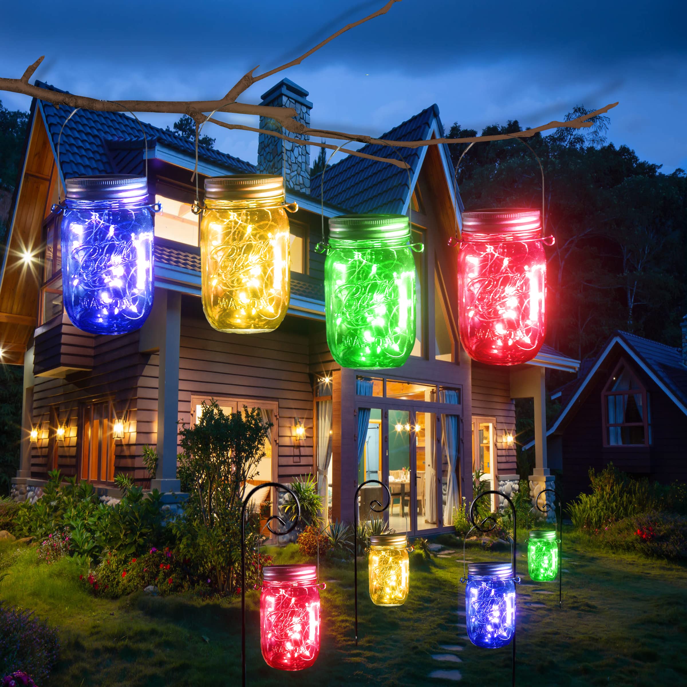 SunKite Solar Mason Jar Lights [Updated], 8 Pack 20 LED Waterproof Fairy Firefly Jar Lids String Lights with Hangers(NO Jars), Patio Yard Garden Wedding Decoration - Colorful