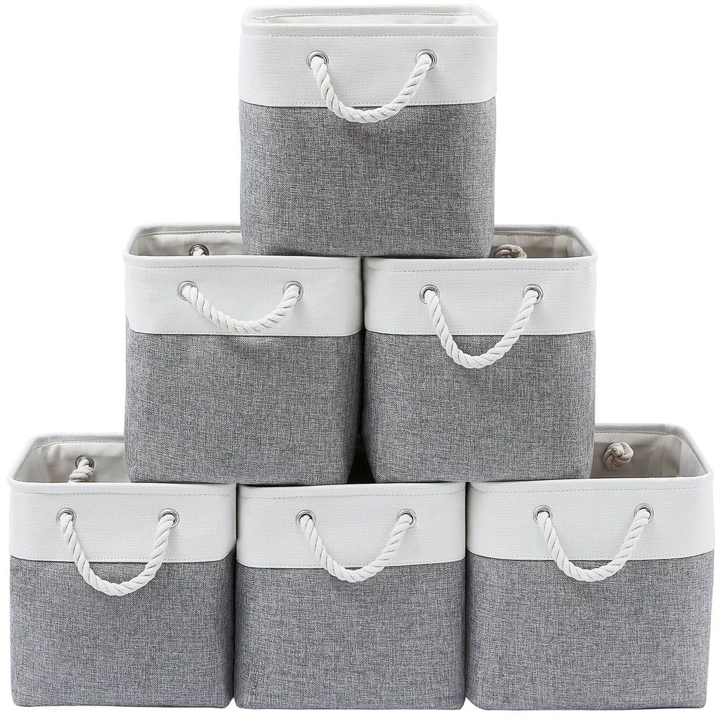MidmmVick 13 x 13 Inch Cube Storage Bins, 6 Pack Extra Large Collapsible Fabric Storage Bin with Ropes, Foldable Storage Cubes for Home (White & Beige-13"x13"x13")