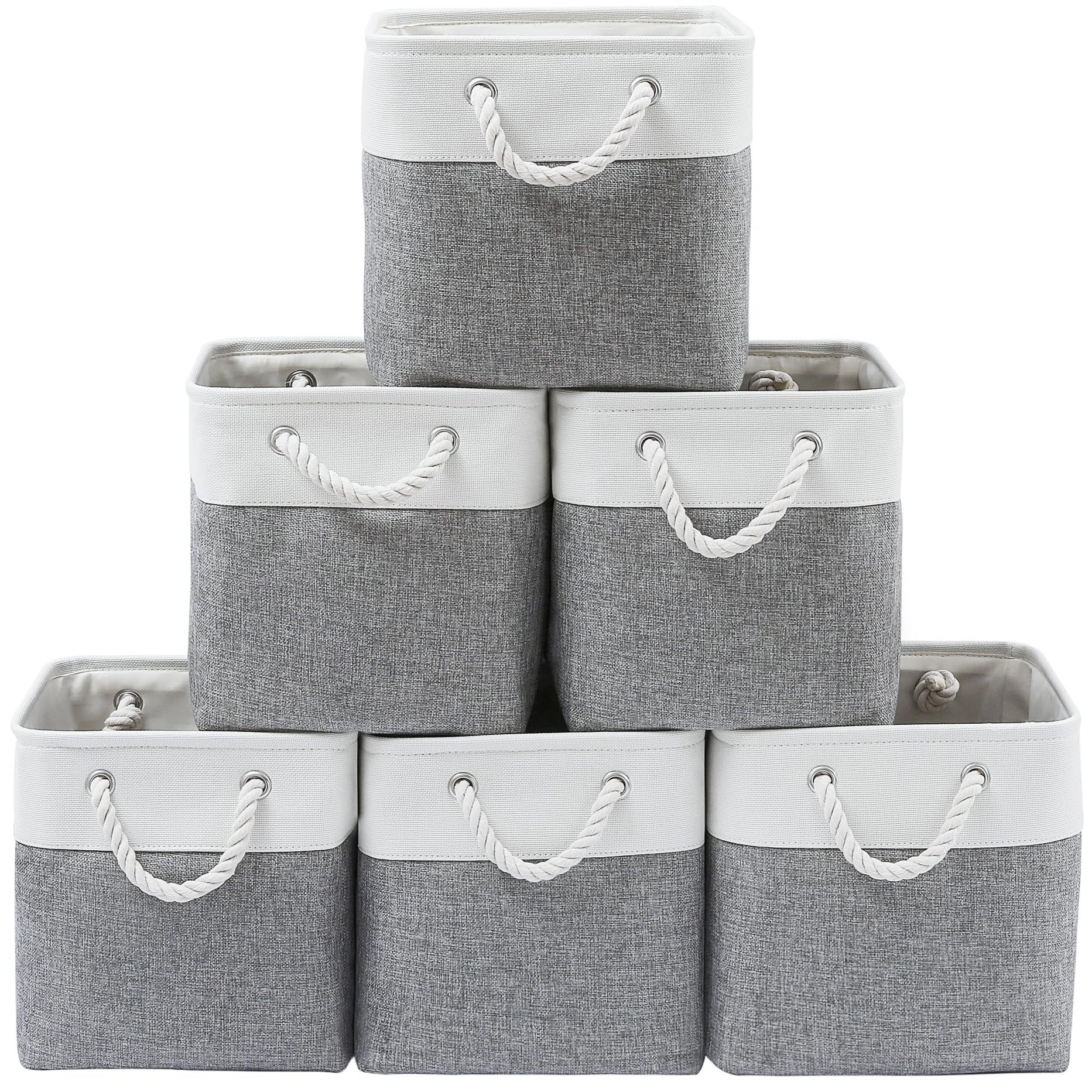 MidmmVick 13 x 13 Inch Cube Storage Bins, 6 Pack Extra Large Collapsible Fabric Storage Bin with Ropes, Foldable Storage Cubes for Home (White & Beige-13"x13"x13")