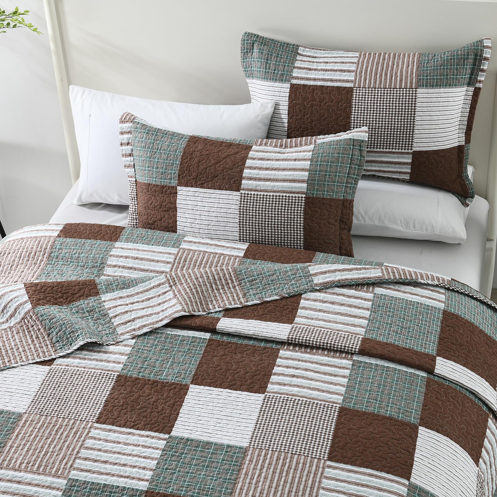 Y-PLWOMEN 100% Cotton Farmhouse Plaid Lightweight 3-Pieces Quilt Set (Blue Brown, Queen90 * 98 Inch)