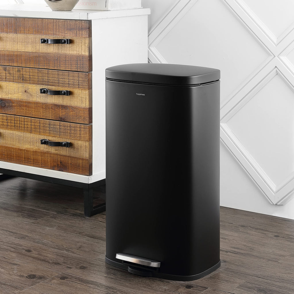 happimess HPM1011B Curtis 8-Gallon Step-Open Trash Can with Soft-Close Lid, Modern, Minimalistic, Fingerprint Proof for Home, Kitchen, Laundry Room, Office, Bedroom, Bathroom, Black