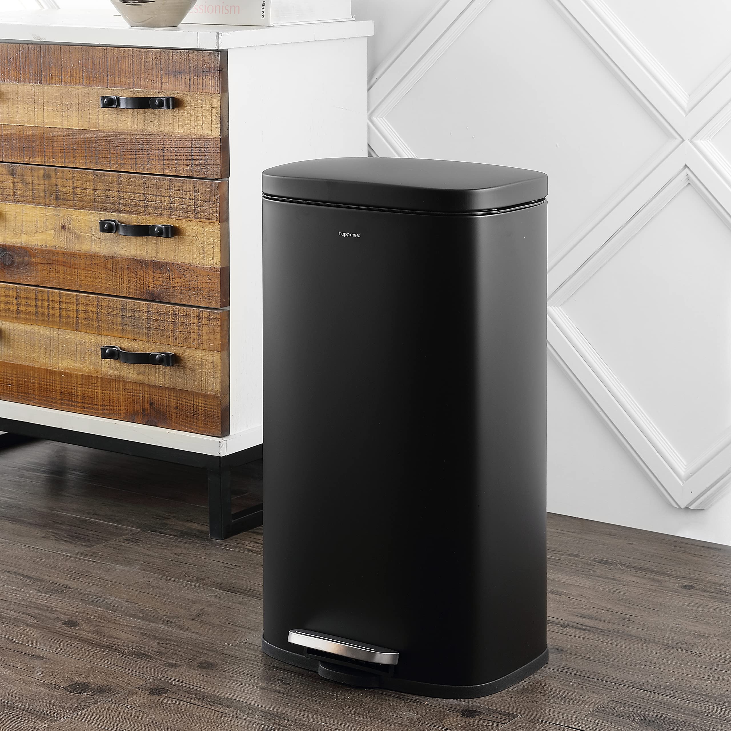 happimess HPM1011B Curtis 8-Gallon Step-Open Trash Can with Soft-Close Lid, Modern, Minimalistic, Fingerprint Proof for Home, Kitchen, Laundry Room, Office, Bedroom, Bathroom, Black