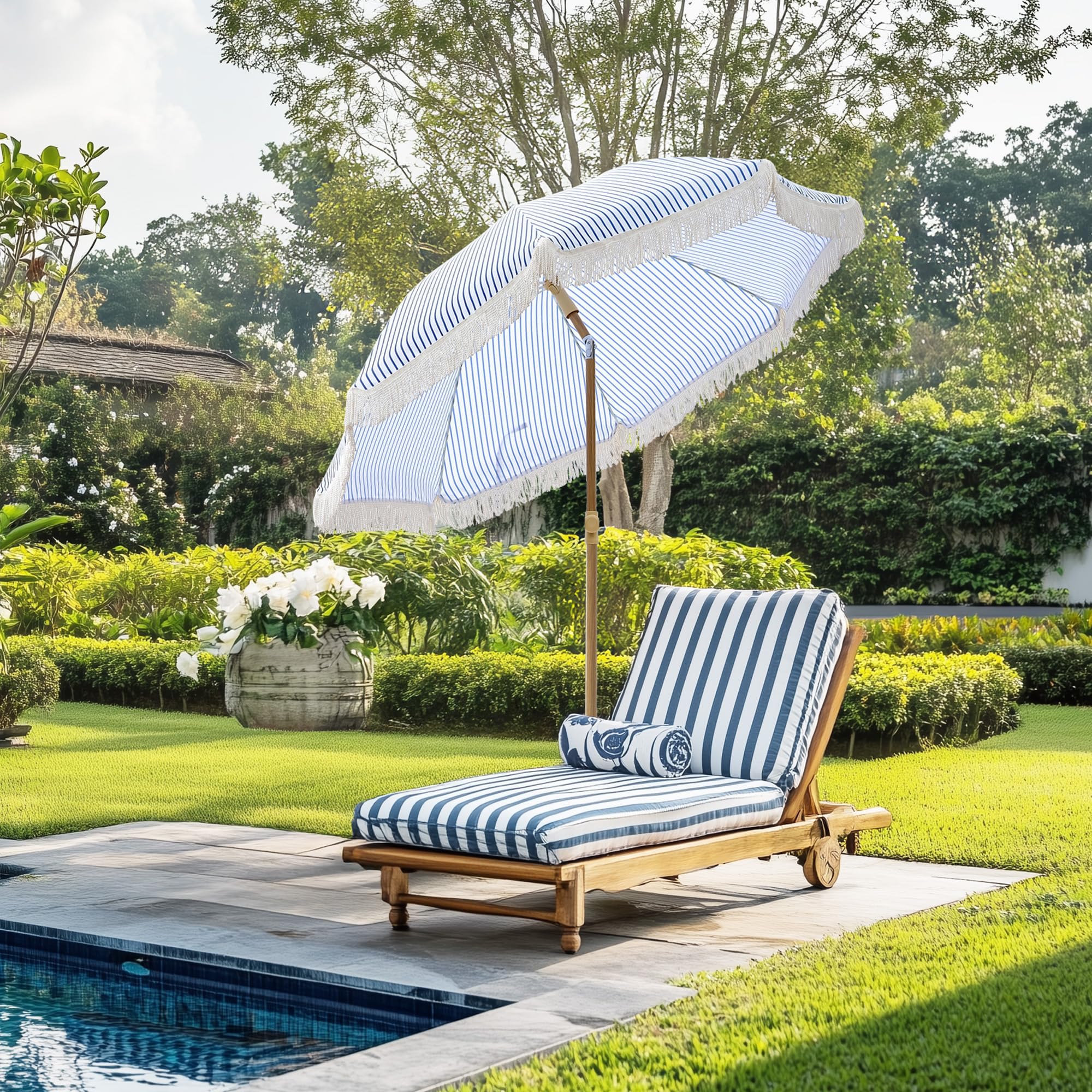 6.5FT Boho Patio Umberlla with Fringe,UPF50+ Outdoor Umbrella with Fiberglass Ribs and Push Button Tilt,Tassels Umbrella for Beach,Terrace,Picnic