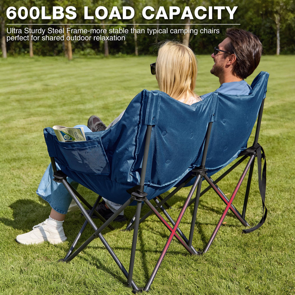 Double Camping Chair Heavy Duty Oversized Padded Loveseat for Adults 2 Person Outdoor Portable Camping Chairs for Lawn, Backyard, Fishing, Trip, Support 600lbs, Grey