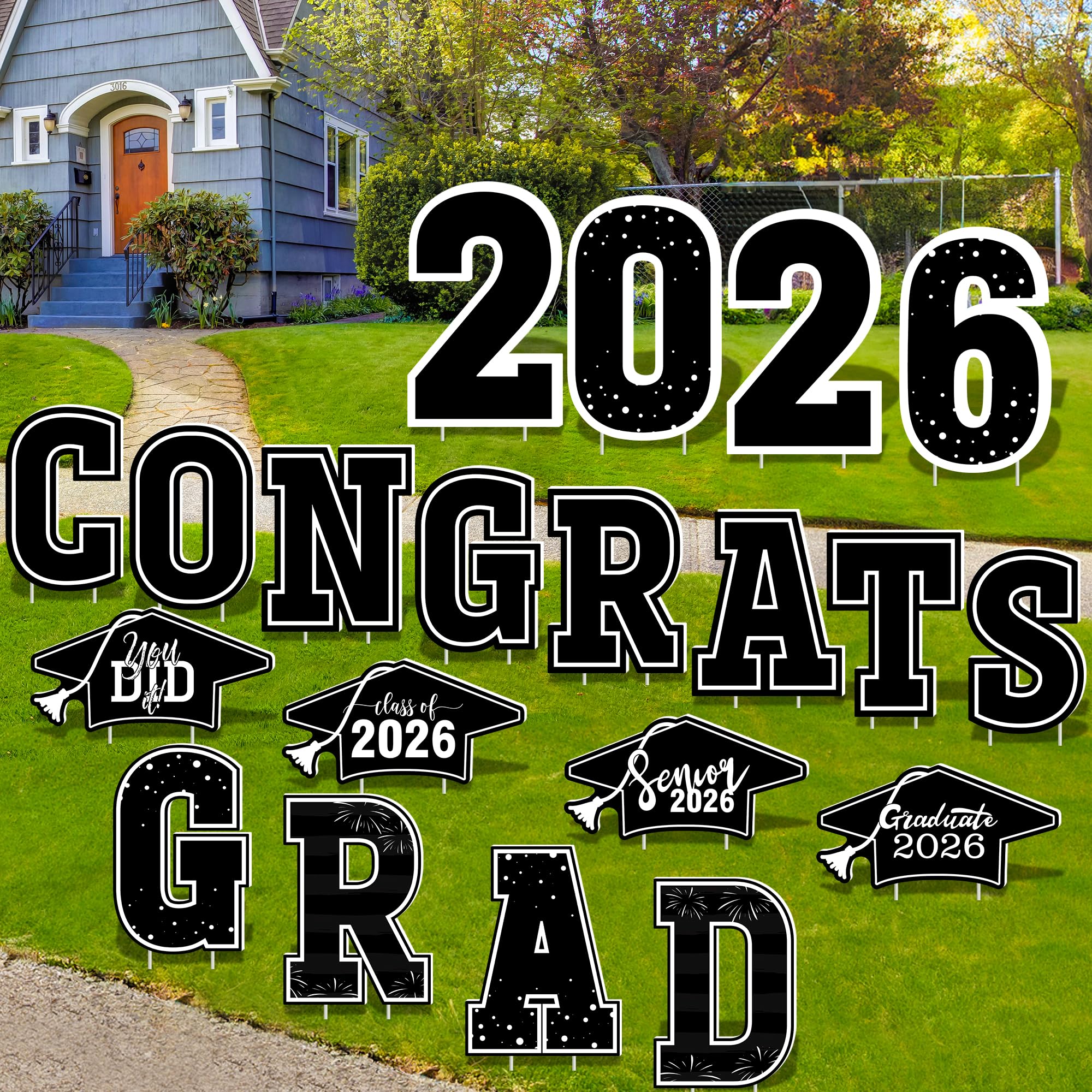 HOVACY 20 PCS Black Gold Graduation Yard Signs Class of 2026 | Black Gold 20 PCS, 40 Stakes, 11.57 x 16.14 in, Corrugated Plastic, Waterproof, Congrats Grad Sign, Graduation Sign