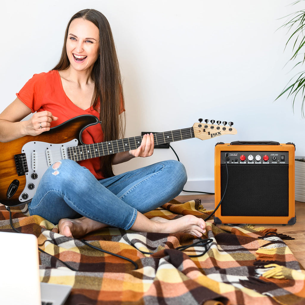 LyxPro Electric Guitar Amp 20 Watt Amplifier Built in Speaker Headphone Jack and Aux Input Includes Gain Bass Treble Volume and Grind - Black