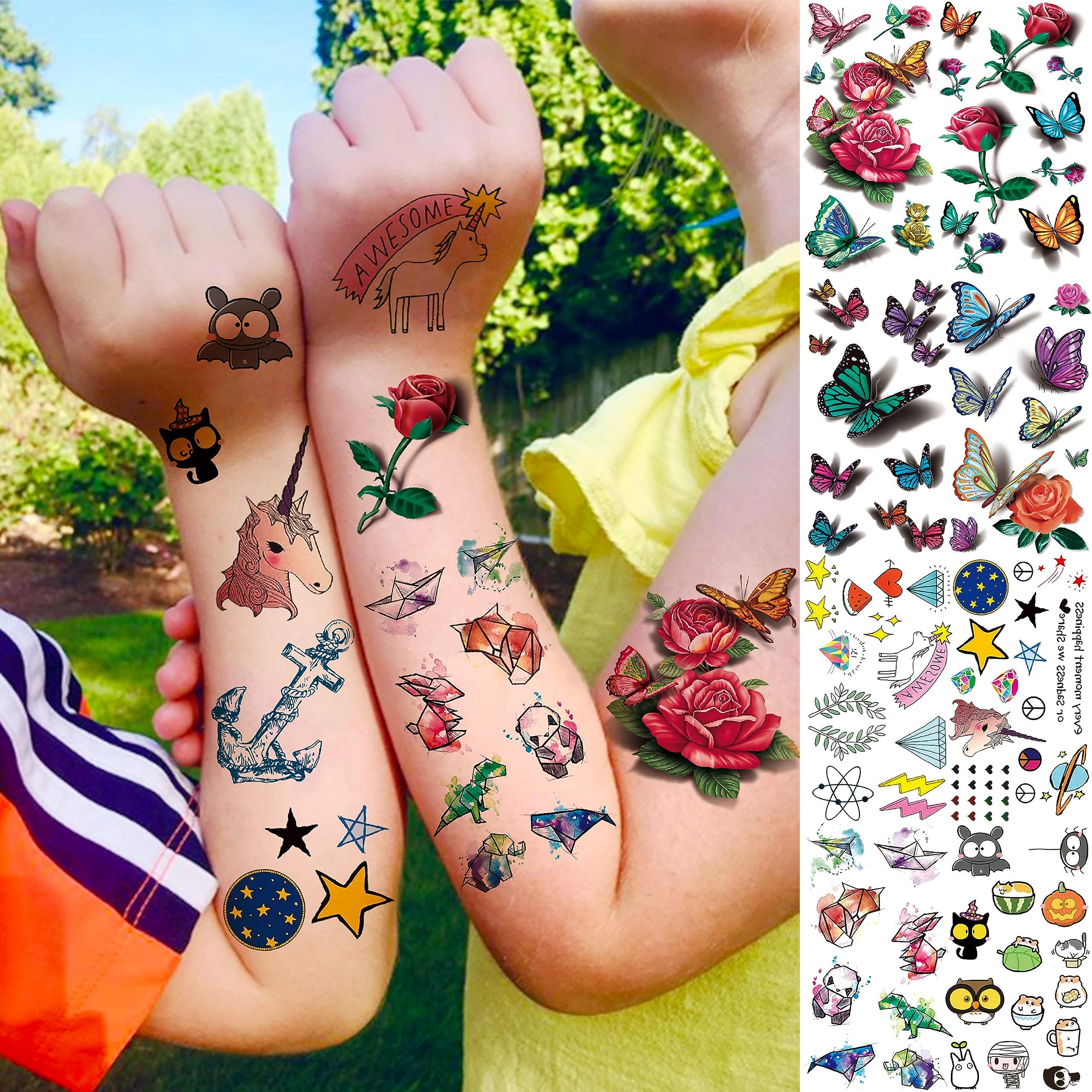 EGMBGM 52 Sheets Tiny Small Temporary Tattoos For Kids Boys Girls, Tribal Animals Butterfly Anchor Compass Tattoo Stickers For Men Women, 3D Cute Flower Fake Face Tatoo Kits Sets For Neck Arm Hands