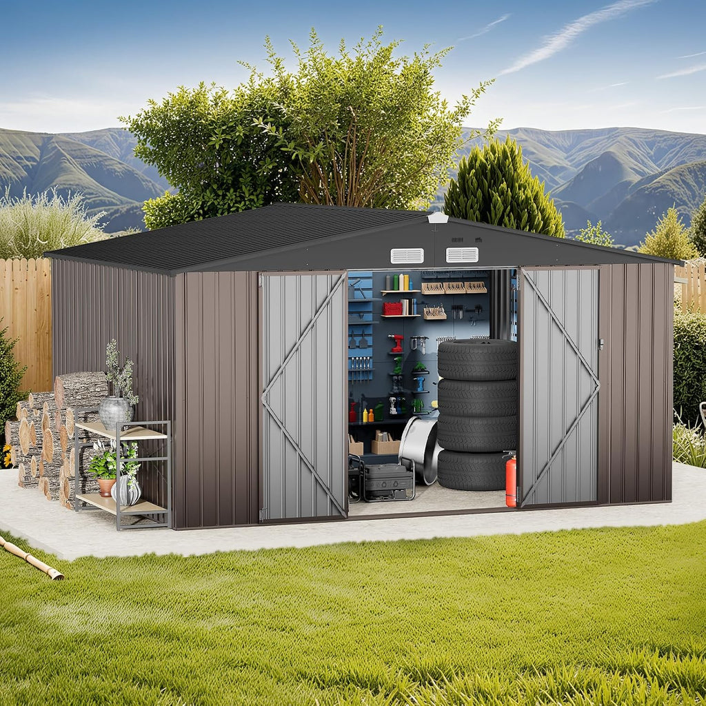 GVDV - Cobertizo de almacenamiento al aire libre de 10 x 12 pies, almacenamiento exterior de metal duradero para jardín, patio y patio trasero, refugio impermeable para herramientas y equipo