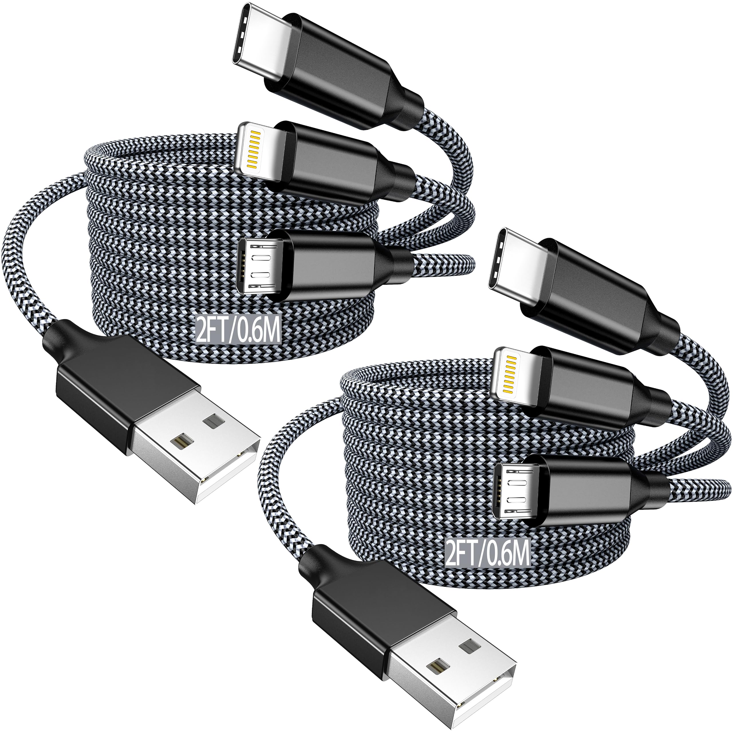 Multi Charging Cable 4ft 2Pack USB Charger 3 in 1, Multi iPhone Charger Cable Nylon Braided Apple MFi Certified USB Fast Charging Cord with Type-C/USB C Micro Lightning for Phone iPad iPhone Tablet