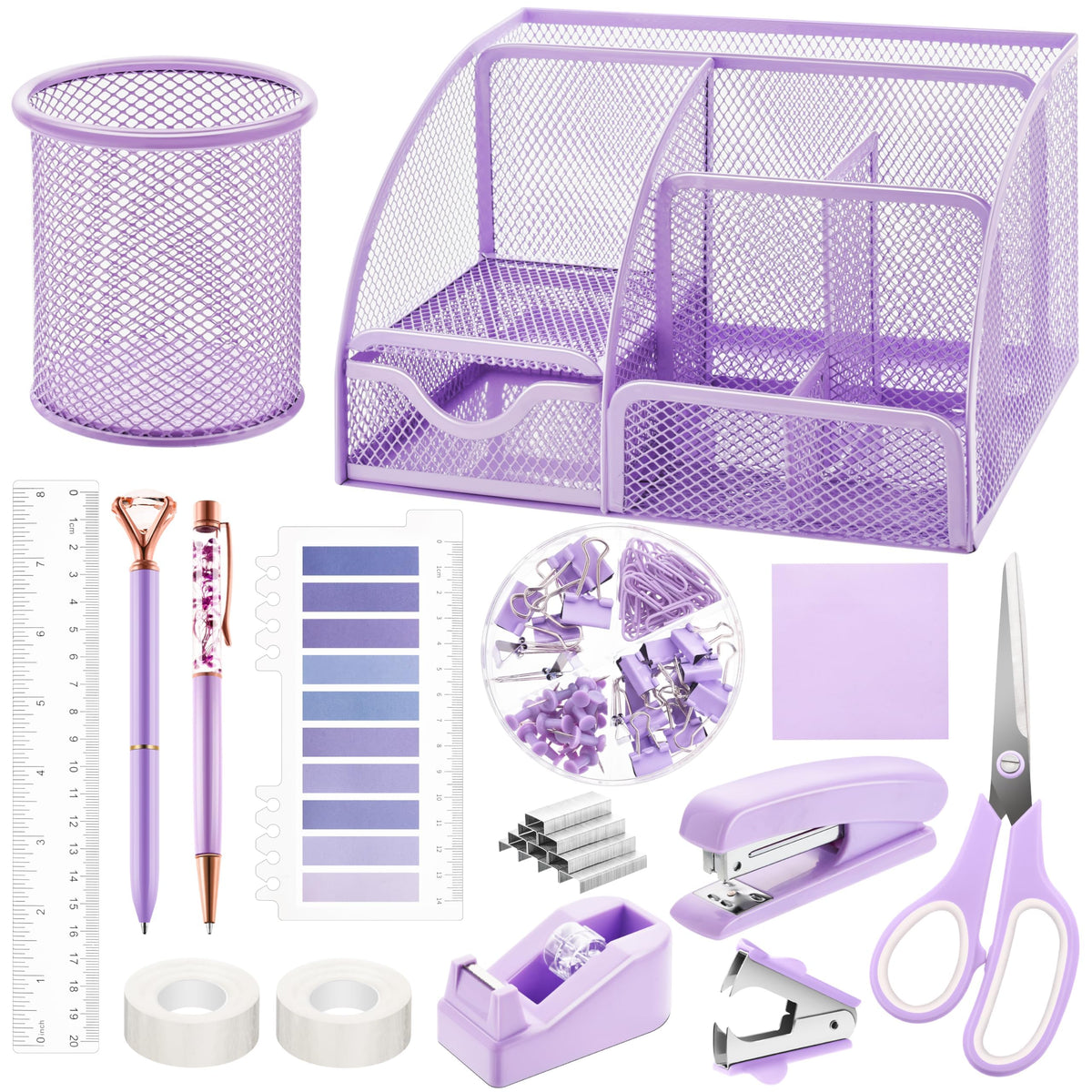 Fayoo 11 Pcs Pink Office Supplies Set Mesh Desk Organizer Accessories Kit include Stapler Tape Dispenser Staple Remover Clips Ruler Scissors Sticky Notes for Office School Home Women (Pink)