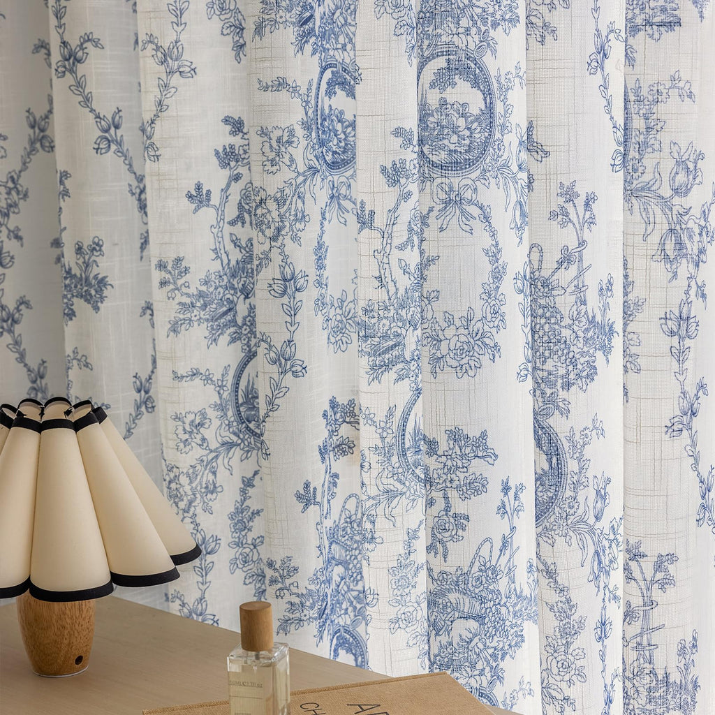 SUOUO Blue Leaf Semi Sheer White Curtains for Bedroom Dining Living Room Linen Textured 84 inches Long Rod Pocket Boho Window Drapes 2 Panels