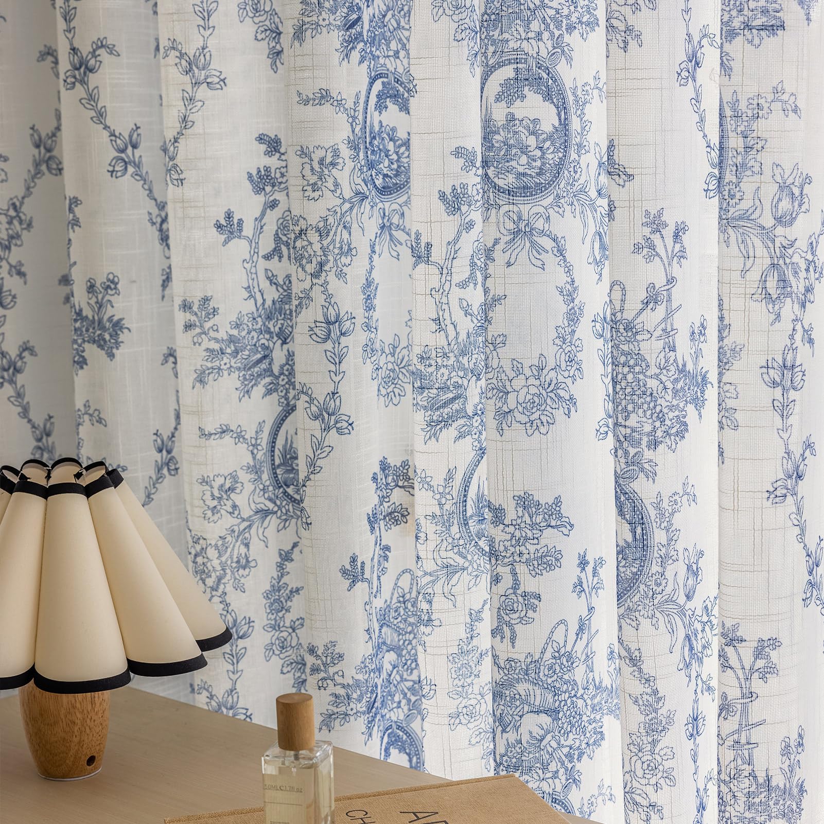 SUOUO Blue Leaf Semi Sheer White Curtains for Bedroom Dining Living Room Linen Textured 84 inches Long Rod Pocket Boho Window Drapes 2 Panels