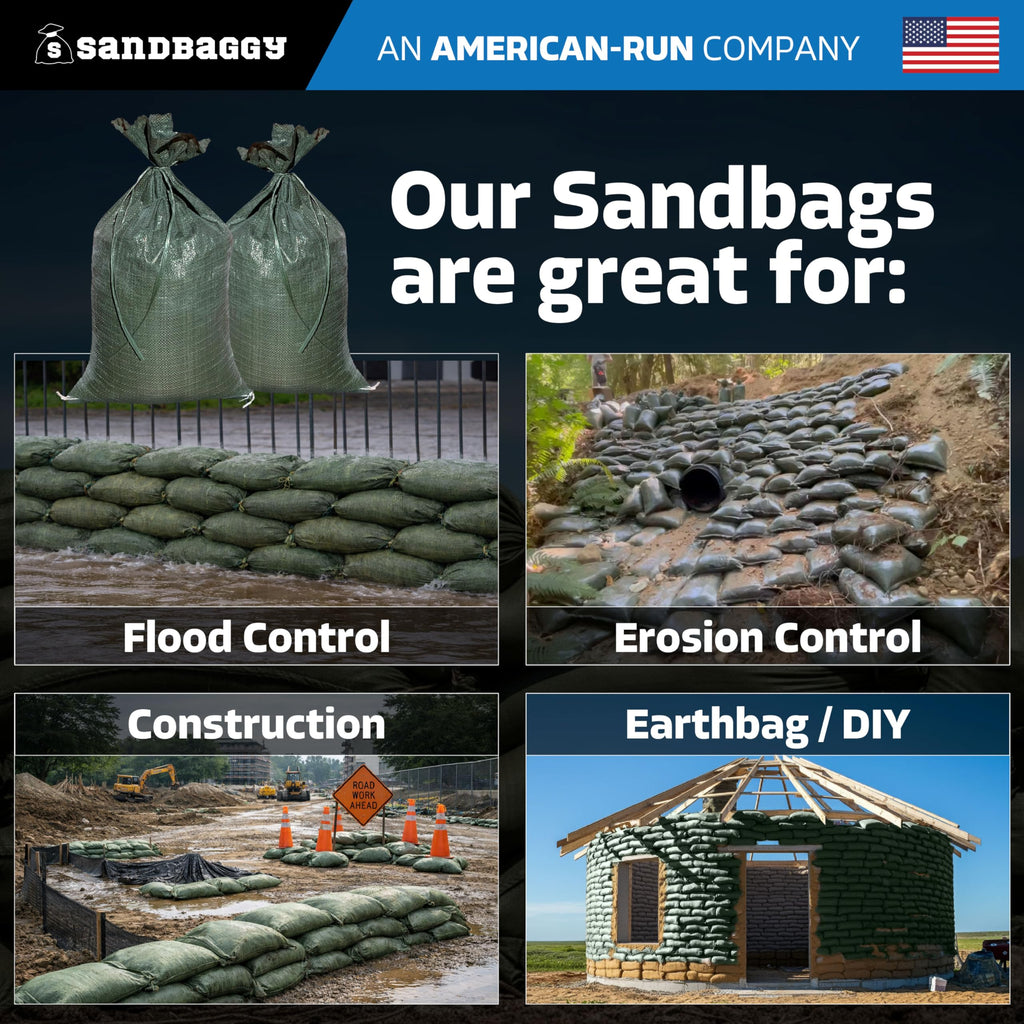 Sandbaggy - Heavy Duty Empty Sandbags For Flooding (14" X 26") - Poly Sand Bags For Flood Barrier, Weight, Construction, Earth Bag Homes - Reusable, UV Resistant - Tie Strings Attached (10 Bags)