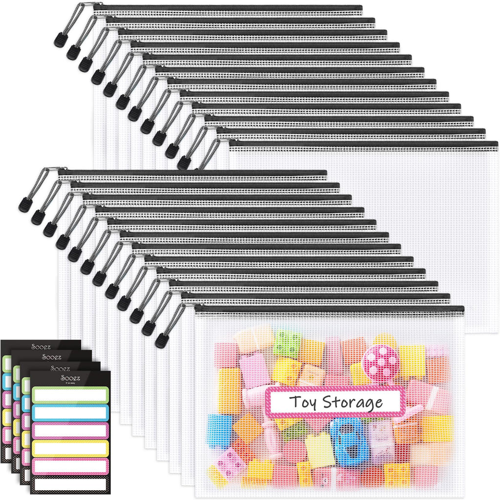 Sooez 24 Pack Mesh Zipper Pouch with Sticky Labels, A4 Mesh Bags, Sturdy Letter Size File Folders Organizer, Office School Classroom Supplies, Toy Storage Bag Board Game Puzzles Organization, Black