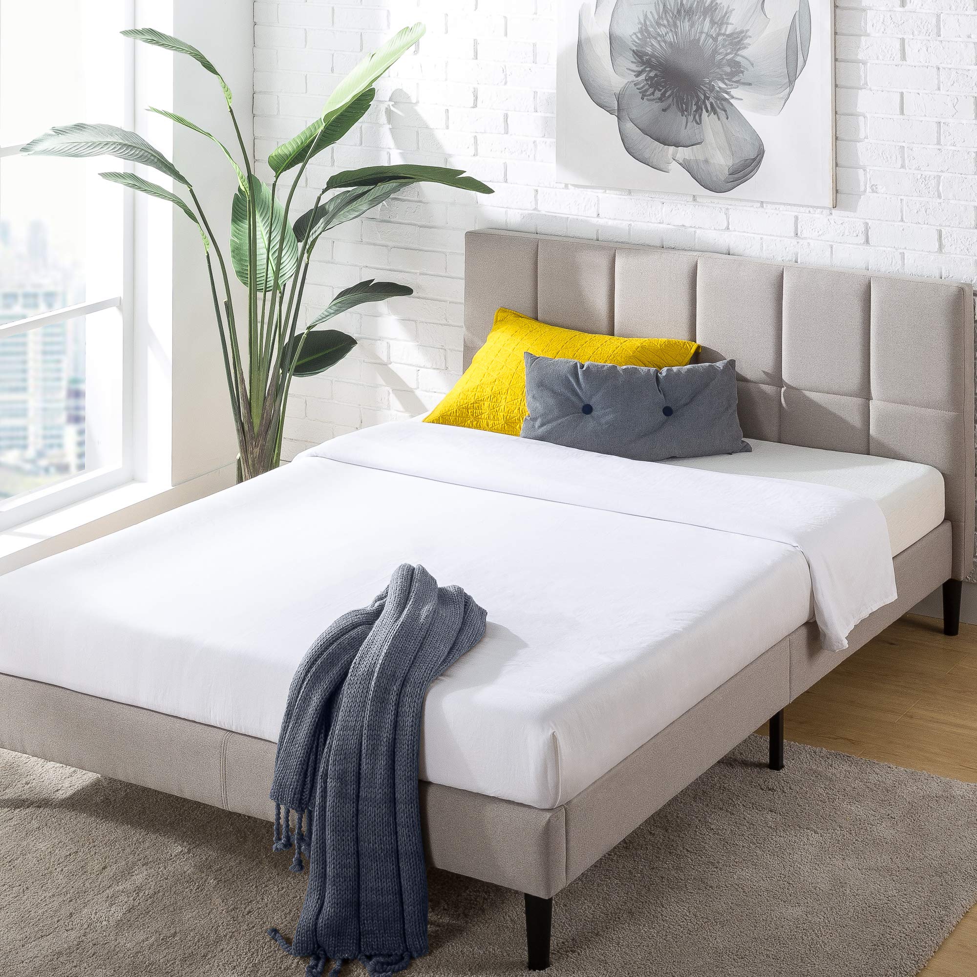 ZINUS Lottie Upholstered Platform Bed Frame with Short Headboard, Mattress Foundation, Wood Slat Support, No Box Spring Needed, Easy Assembly, Beige, Full