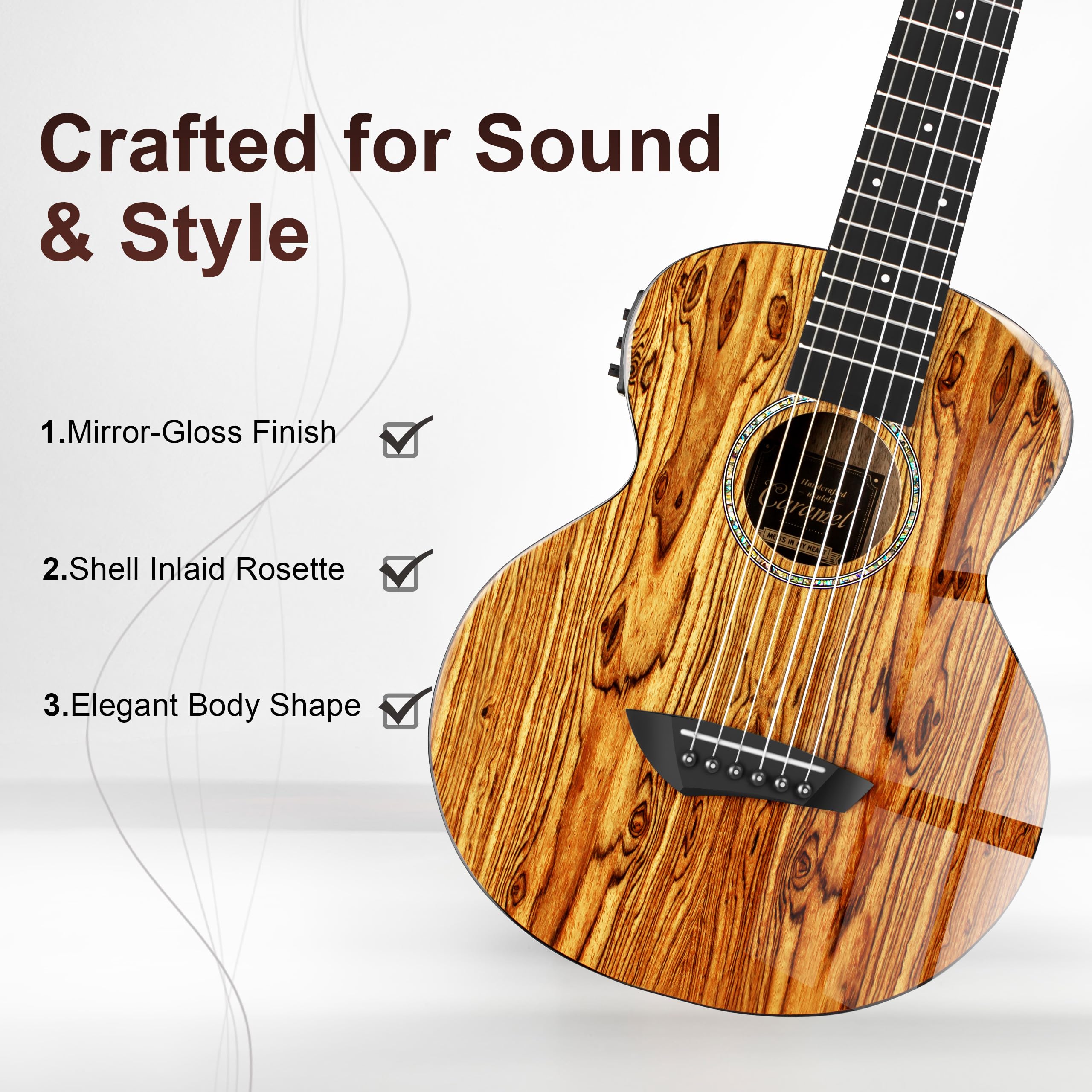Caramel TEG95 Butterfly Bocote Glossy Tenor Acoustic & Electric Ukulele | 26-inch Handmade Professional Ukelele Kit with Accessories