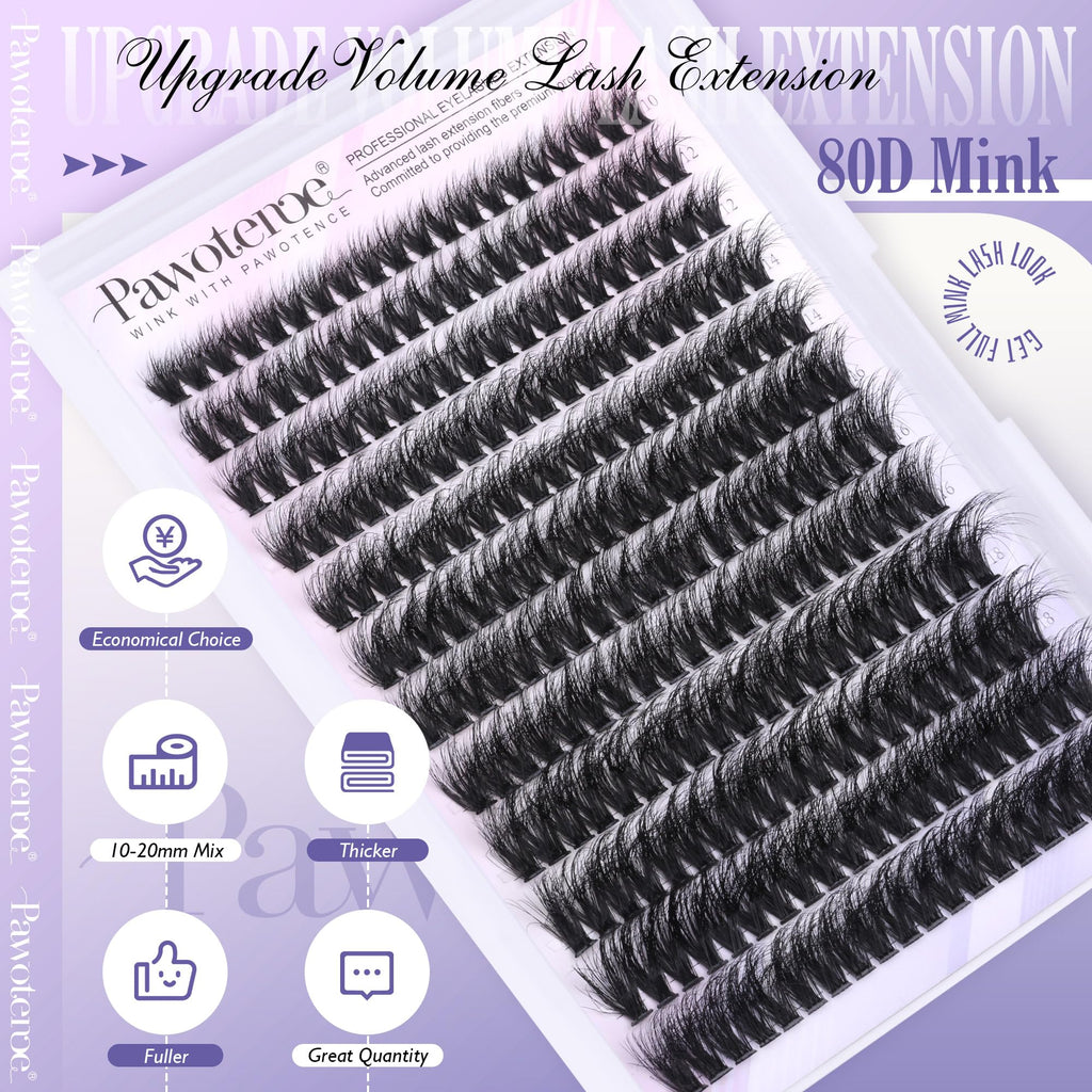 Pawotence Lash Extension Kit DIY 280pcs Individual Lash Clusters Kit 20D&30D Natural 9-15mm Cluster Eyelash Extensions Kit with Lash Bond and Seal, Tweezers for Self Use (20D&30D, 0.07D, 9-15mm, Kit)