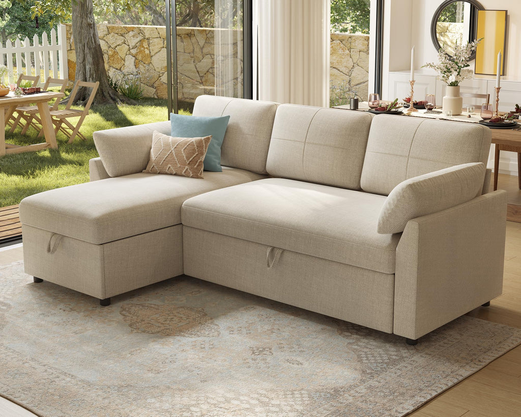 PaPaJet Sofa Bed, Sleeper Sofa with Storage Chaise, L Shaped Sofa with Pull Out Bed, Oversized Sofas for Living Room, Beige