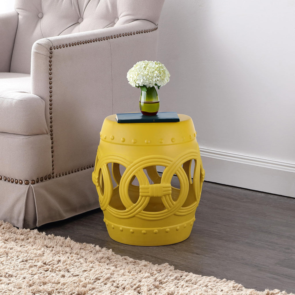 JONATHAN Y Lucky Coins 16" Ceramic Garden Stool, Contemporary Blue/White Cutout Interlocking Rings Drum Indoor/Outdoor Side Table and Plant Stand for Patio, Garden, Living Room TBL1027A