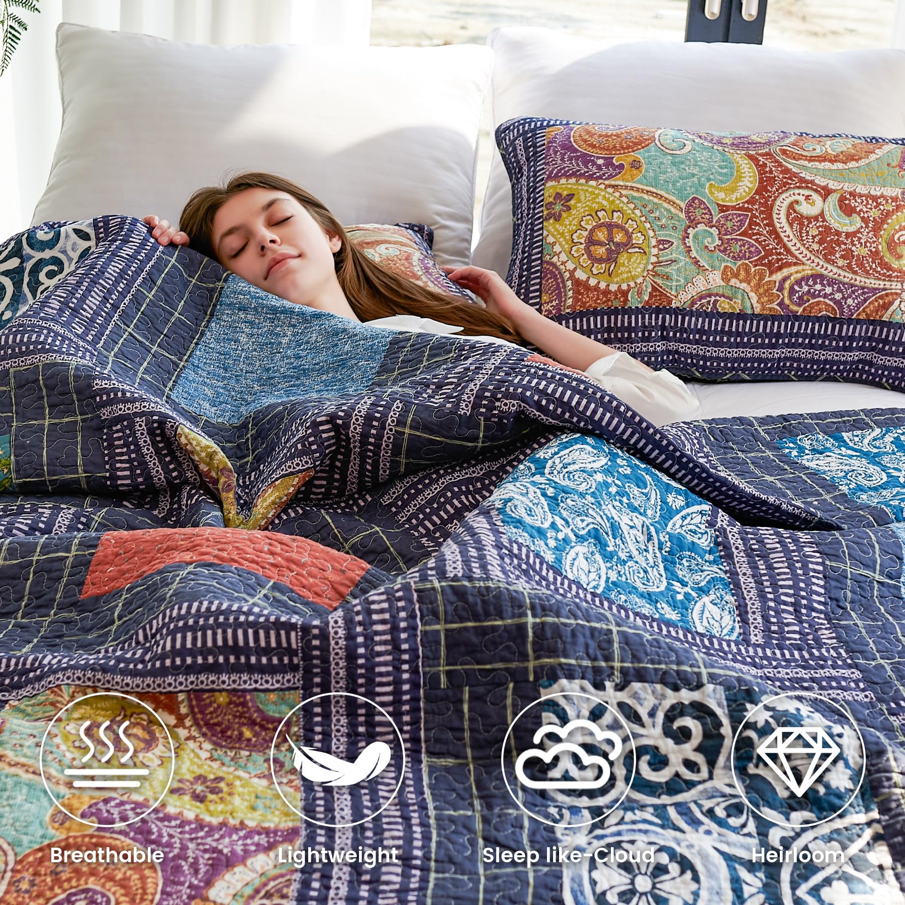 Secgo Twin Comforter Set for Bed - 100% Cotton Quilts Twin Size, Black Bedspreads with 2 Pillow Shams, Patchwork Reversible Lightweight Bedding
