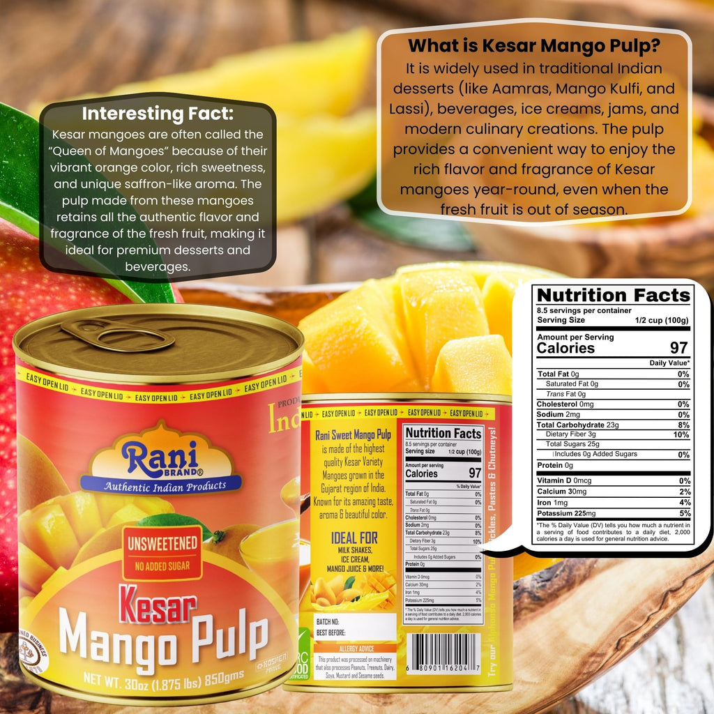 Rani Mango Pulp Puree (Makes Mango Lassi Shakes) Alphonso Sweetened 30oz (1.875lbs) 850g ~ Kosher | All Natural | NON-GMO | Vegan | No colors | Gluten Friendly | Indian Origin