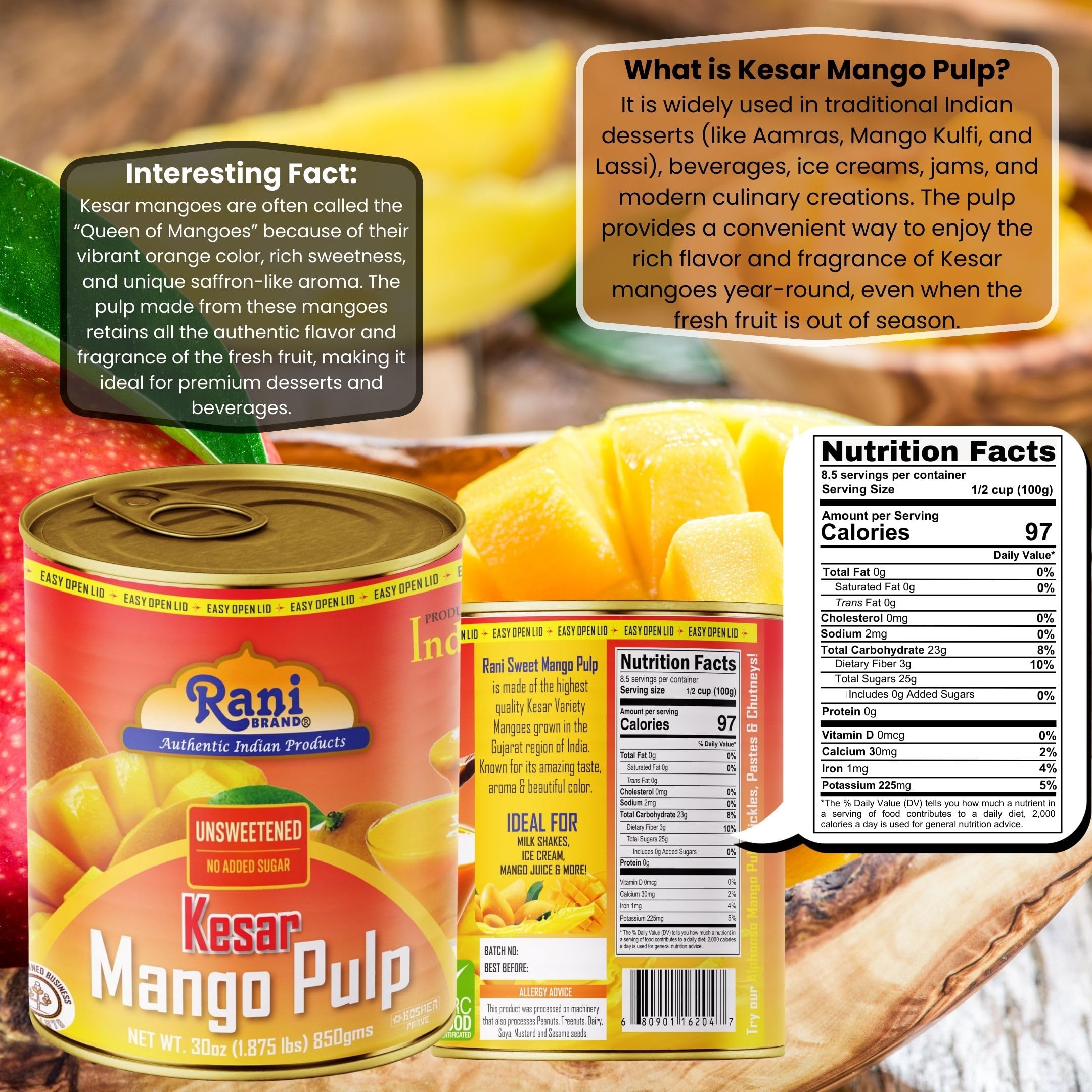 Rani Mango Pulp Puree (Makes Mango Lassi Shakes) Alphonso Sweetened 30oz (1.875lbs) 850g ~ Kosher | All Natural | NON-GMO | Vegan | No colors | Gluten Friendly | Indian Origin