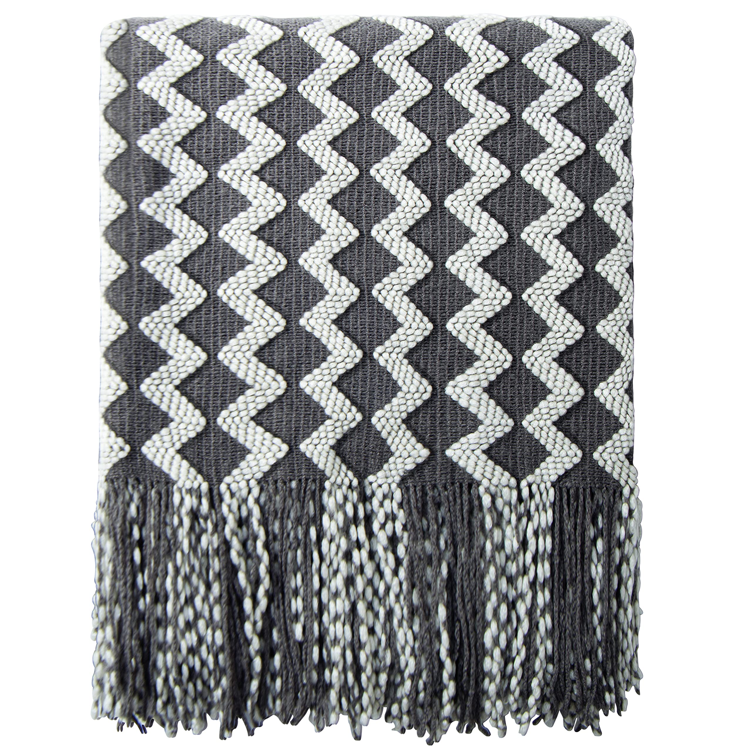 NTBAY Acrylic Knitted Throw Blanket, Lightweight and Soft Cozy Decorative Woven Blanket with Tassels for Travel, Couch, Bed, Sofa, 51x67 Inches, Grey Wave