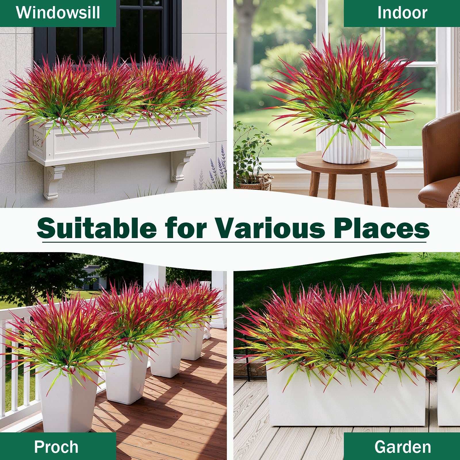 Uieke 28 Bundles Artificial Outdoor Plants UV Resistant Fake Grass Plants Faux Plastic Plants Greenery Shrubs for Home Garden Pathway Window Box Front Porch Cemetery Fall Decor, Autumn Red