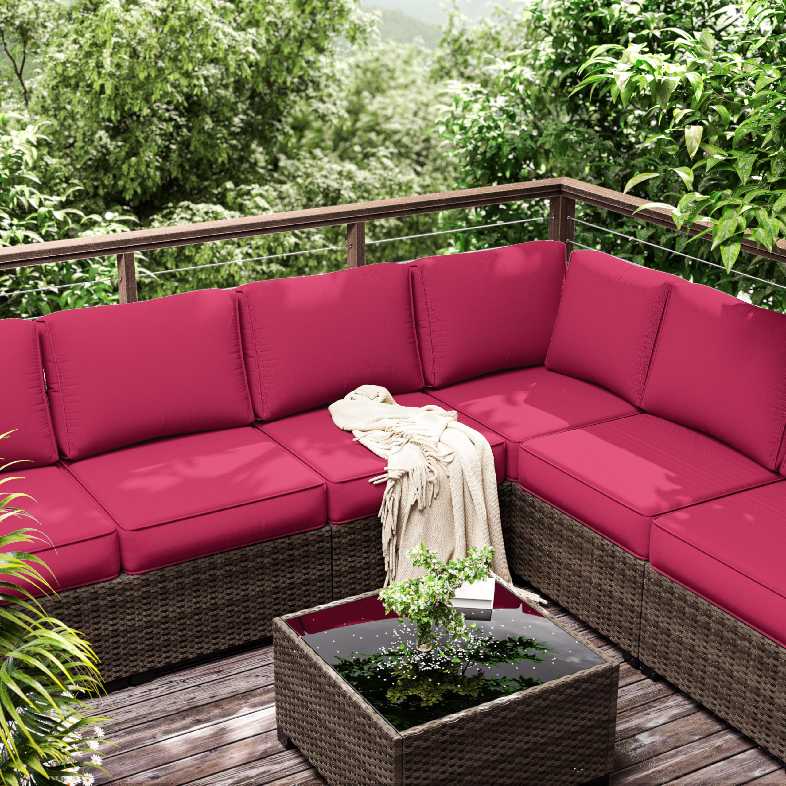 Outdoor Furniture Replacement Cushions, 5" Foam Foam High-Density, Fits 6-seat Sectional Rattan Conversation Set, 14 Piece Patio Water-Resistant Replacement Sofa Cushions, Liner&Cover