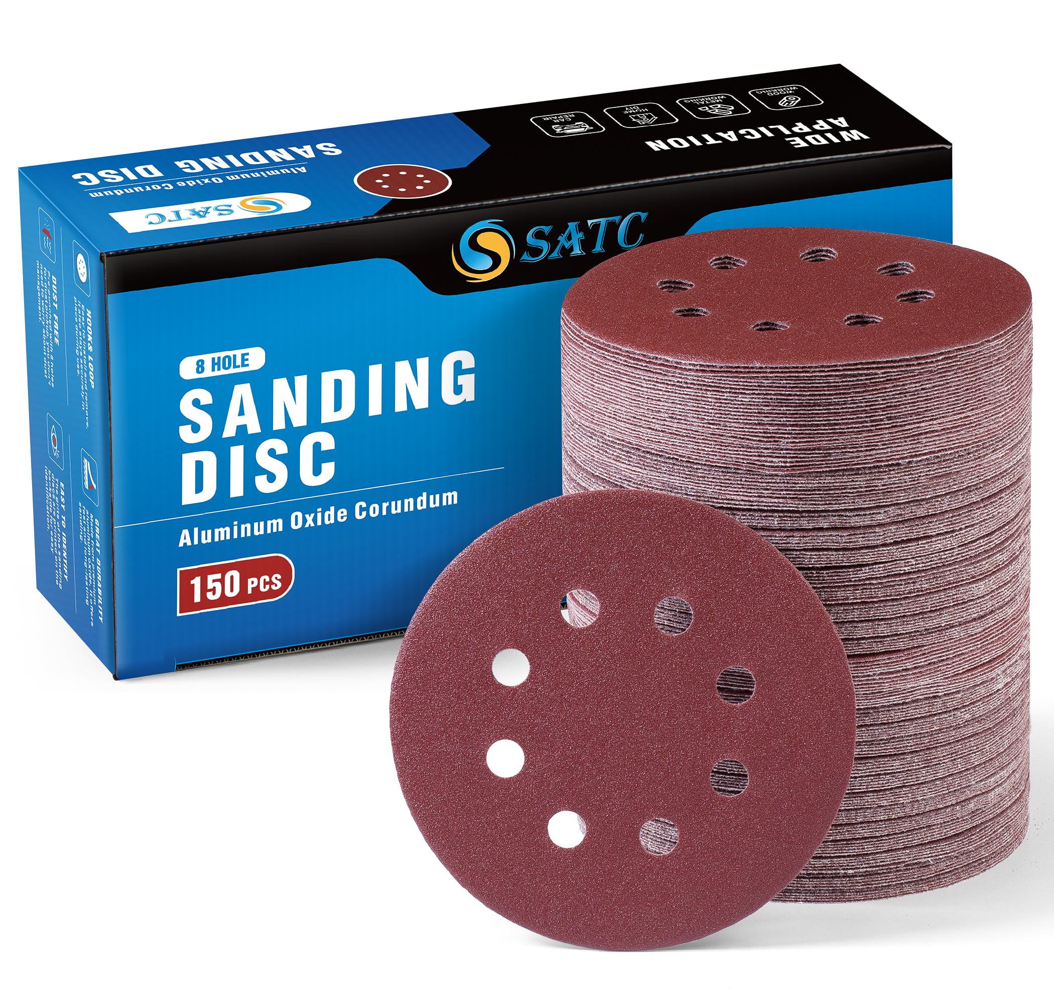 S SATC 72 PCS 5 Inch 8 Hole Hook and Loop Adhesive Sanding Discs Sandpaper for Random Orbital Sander 40 60 80 120 180 240 320 Grits