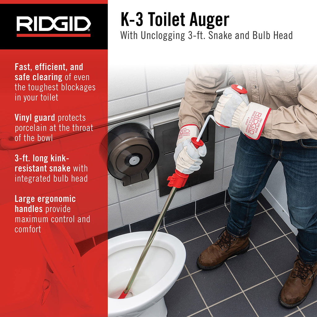 RIDGID 59787 Model K-3 Toilet Auger with Unclogging 3-Foot Snake and Bulb Head & Korky 96-4AM BeehiveMAX Toilet Plunger, Black
