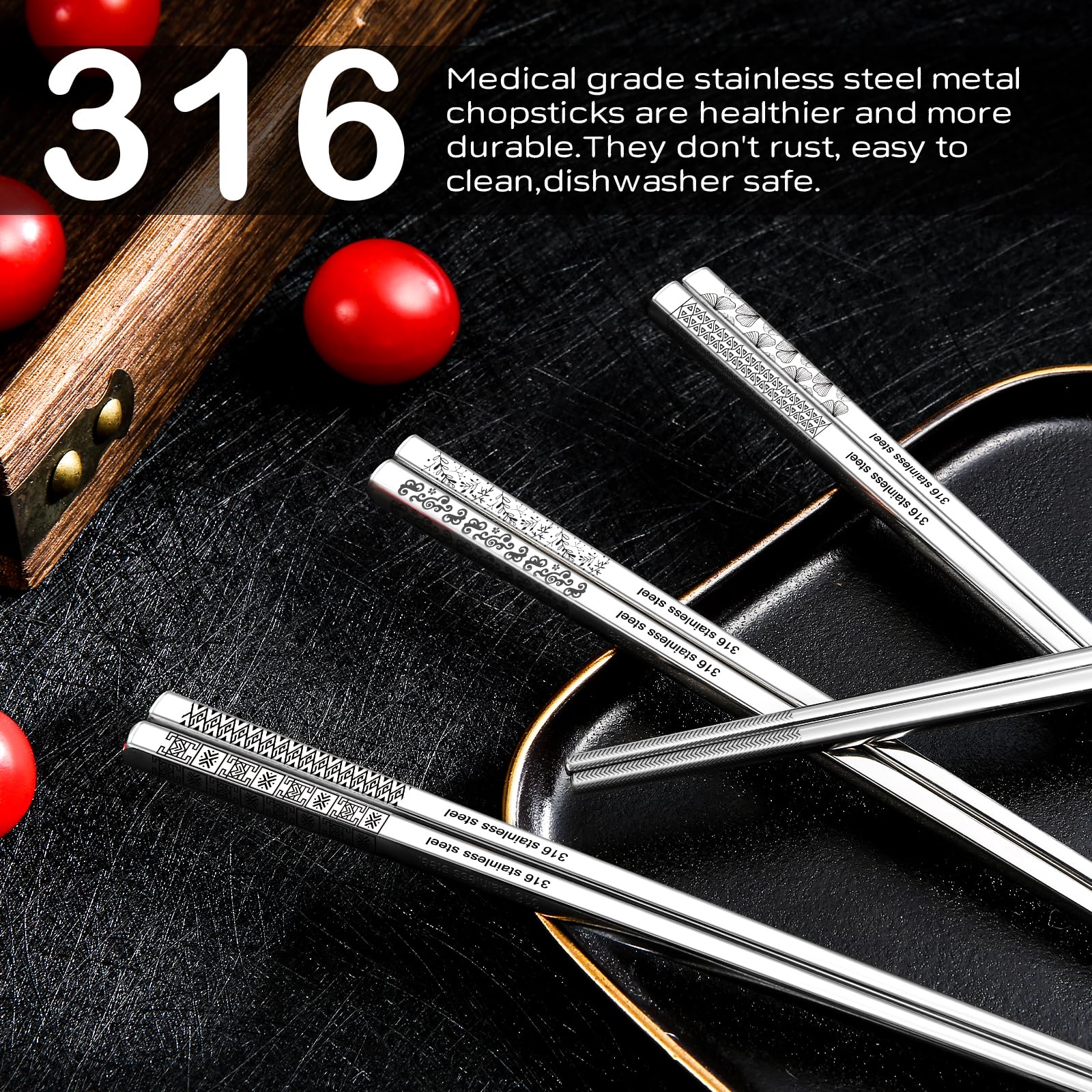 8 Pairs Metal Chopsticks Reusable Black Stainless Steel Chopsticks Set Laser Engraved Non-slip Japanese Korean Chinese Chopstick for Cooking Eating Dishwasher Safe 9.25" Chop Sticks Gift Set