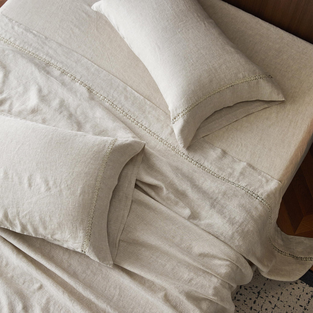 Simple&Opulence 100% Pure Linen Sheet Set Twin Size, Natural French Flax Solid Color 3 Pcs Washed Breathable, Farmhouse Bedding (1 Flat Sheet,1 Fitted Sheet,1 Pillowcase)-Embroidery Dark Grey