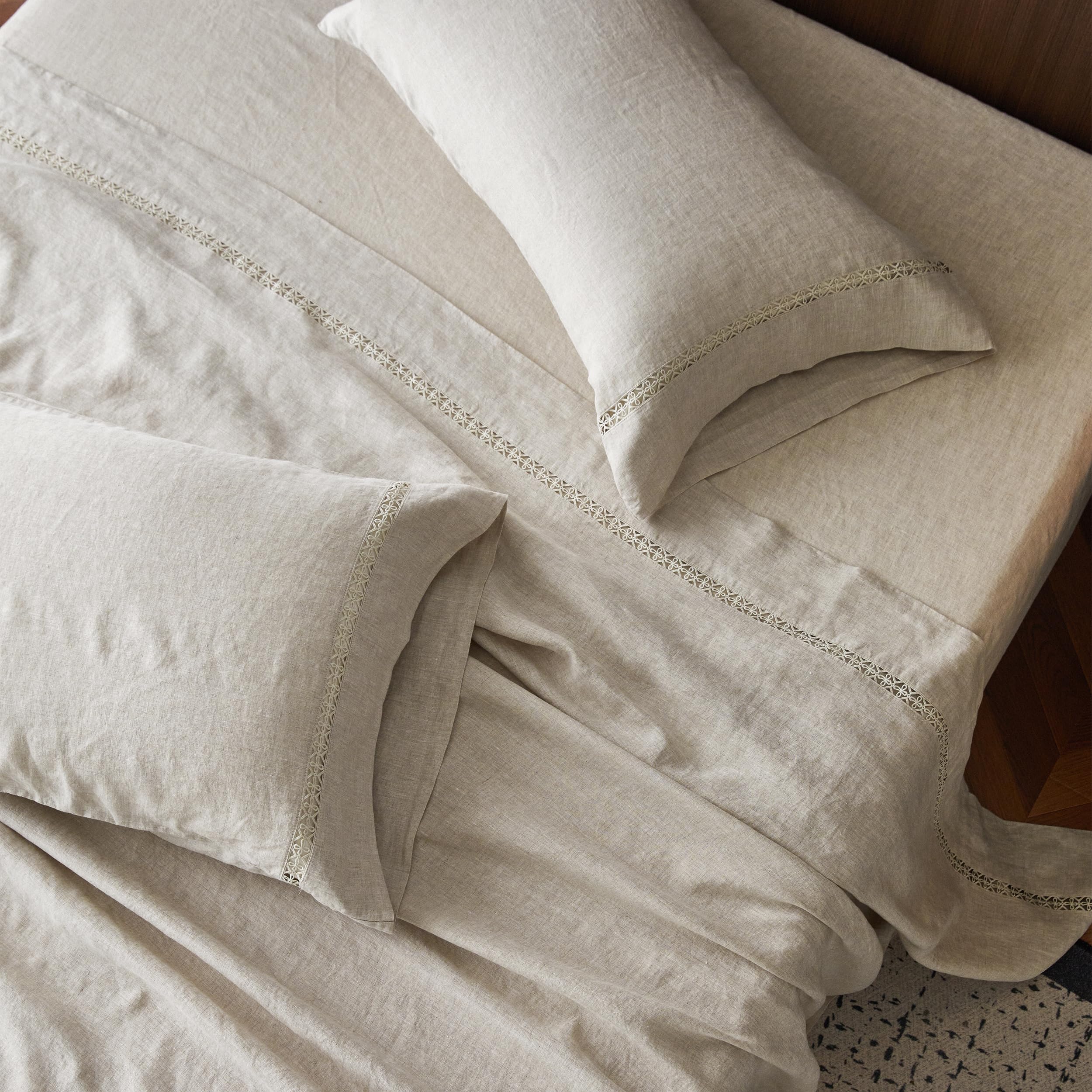 Simple&Opulence 100% Pure Linen Sheet Set Twin Size, Natural French Flax Solid Color 3 Pcs Washed Breathable, Farmhouse Bedding (1 Flat Sheet,1 Fitted Sheet,1 Pillowcase)-Embroidery Dark Grey