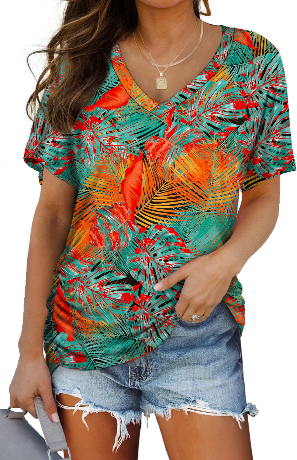 WIHOLL Womens Summer T-Shirts Short Sleeve V Neck Dolman Tops with Side Shirring Loose Fit Shirts Spring Fashion