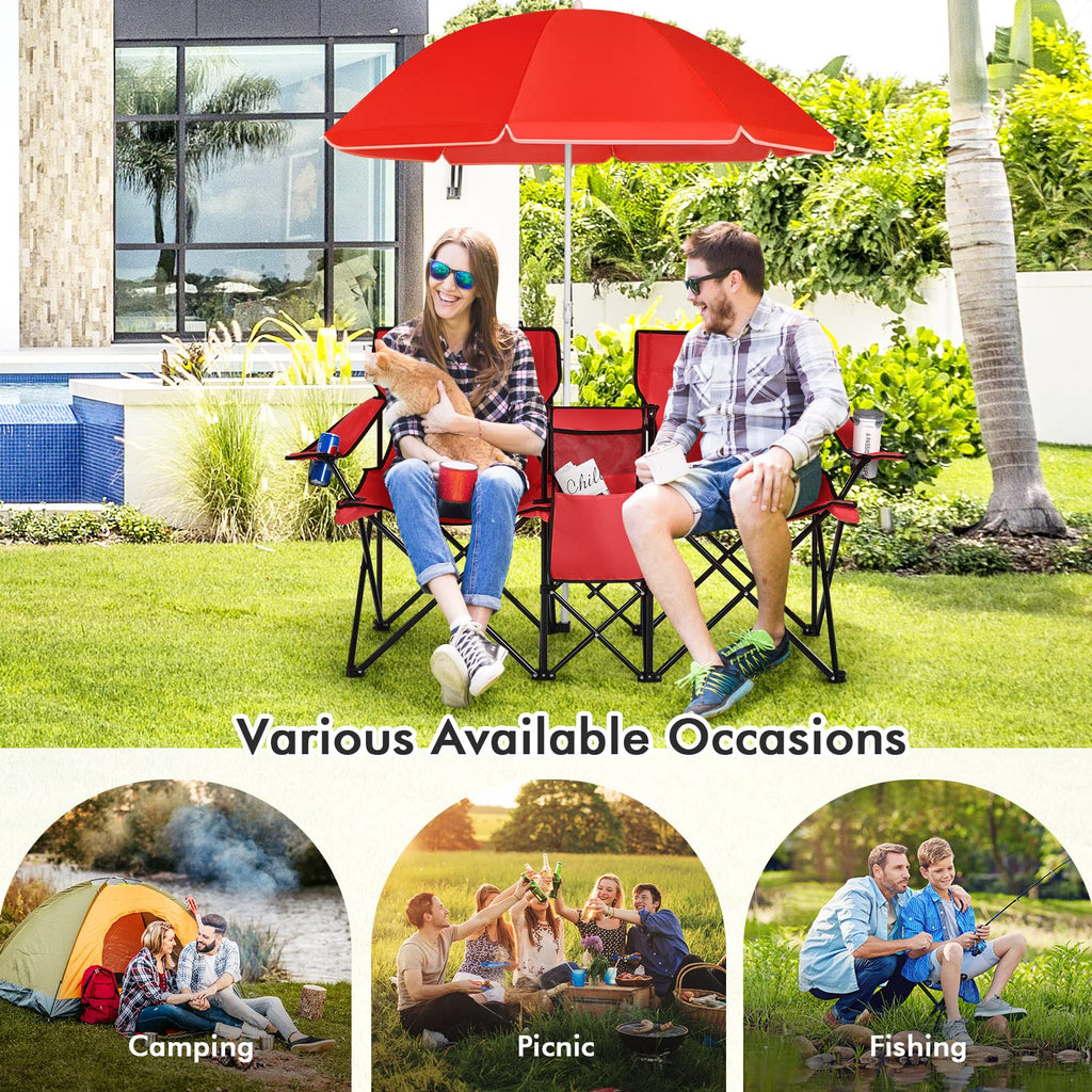 COSTWAY Double Portable Picnic Chairs, Folding Camping Chairs w/Detachable Umbrella, Cooler Bag, Cup Holders, Patio Beach Camping Chairs for Outdoors