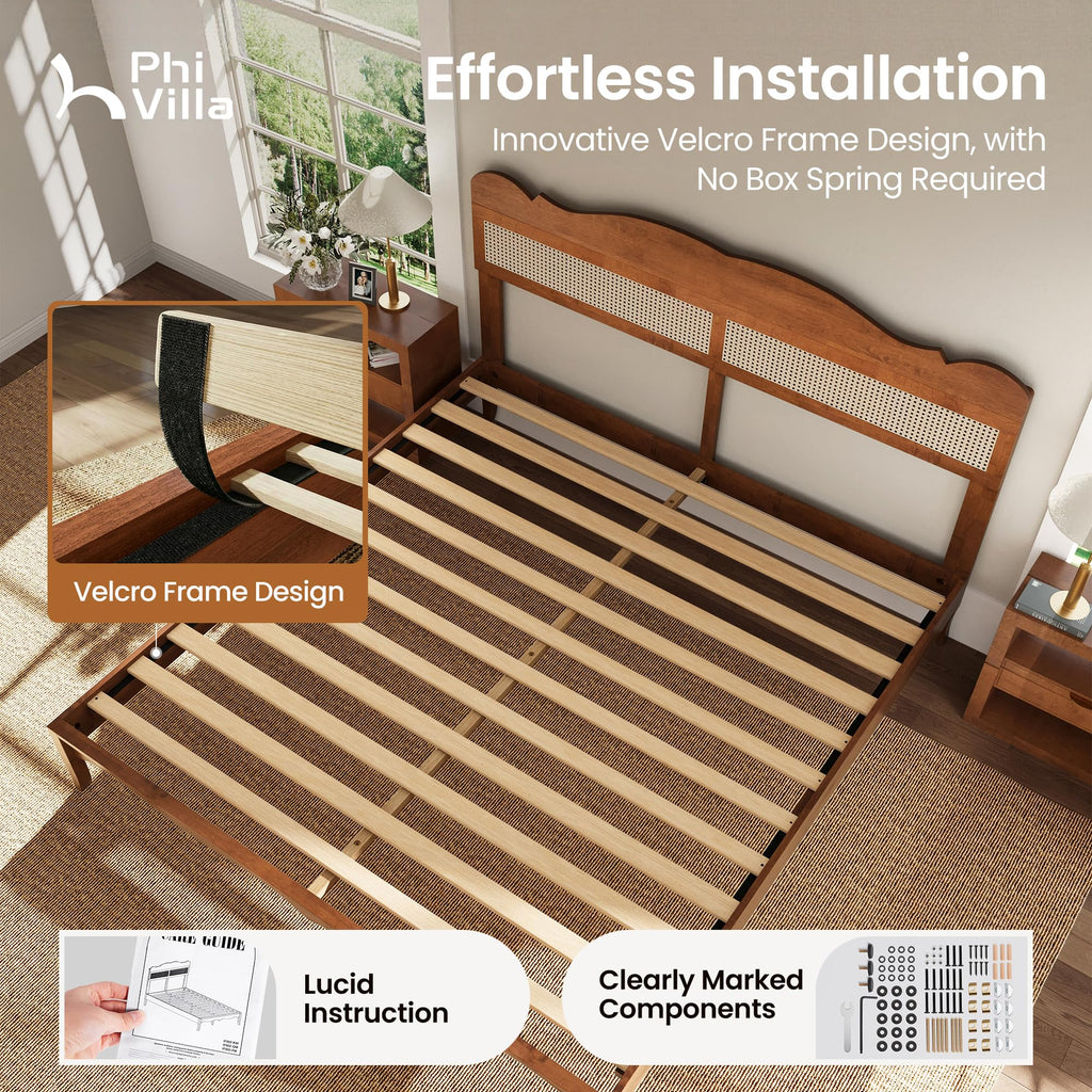 PHI VILLA Full Rattan Bed Frame with Headboard, Mid Century Modern Wooden Bed Frames, No Box Spring Needed, Brown