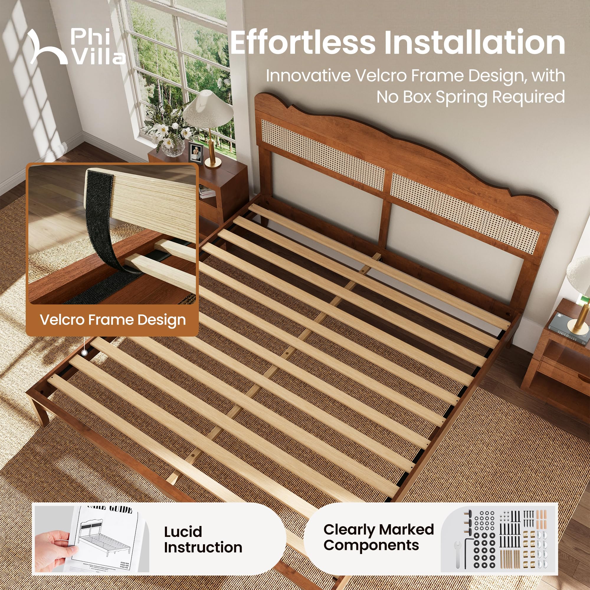 PHI VILLA Full Rattan Bed Frame with Headboard, Mid Century Modern Wooden Bed Frames, No Box Spring Needed, Brown