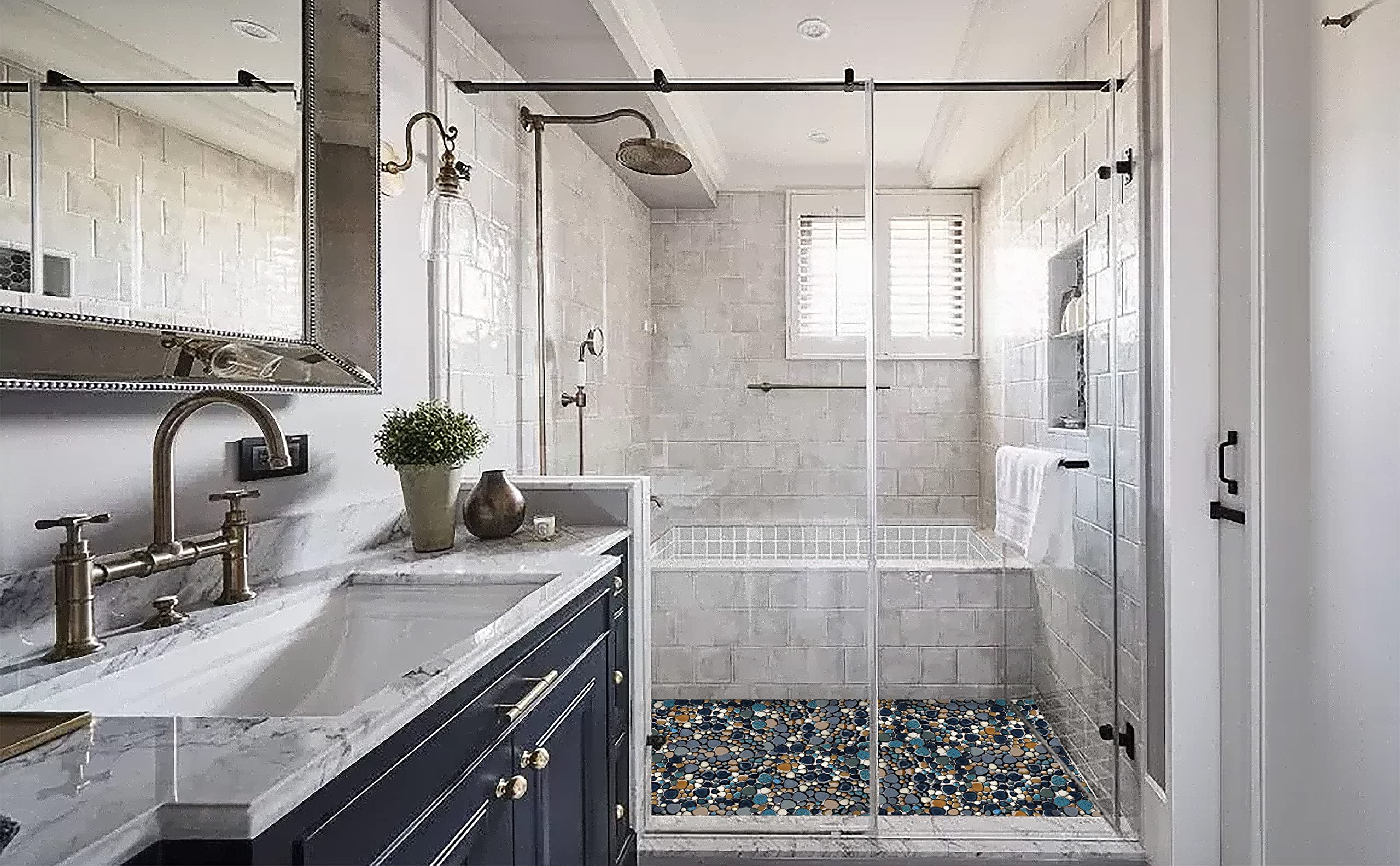 Parrotile Blue Shower Floor Pebbles Tile Bathroom Mosaic Backsplash Wall Tiles (5 Sheets)