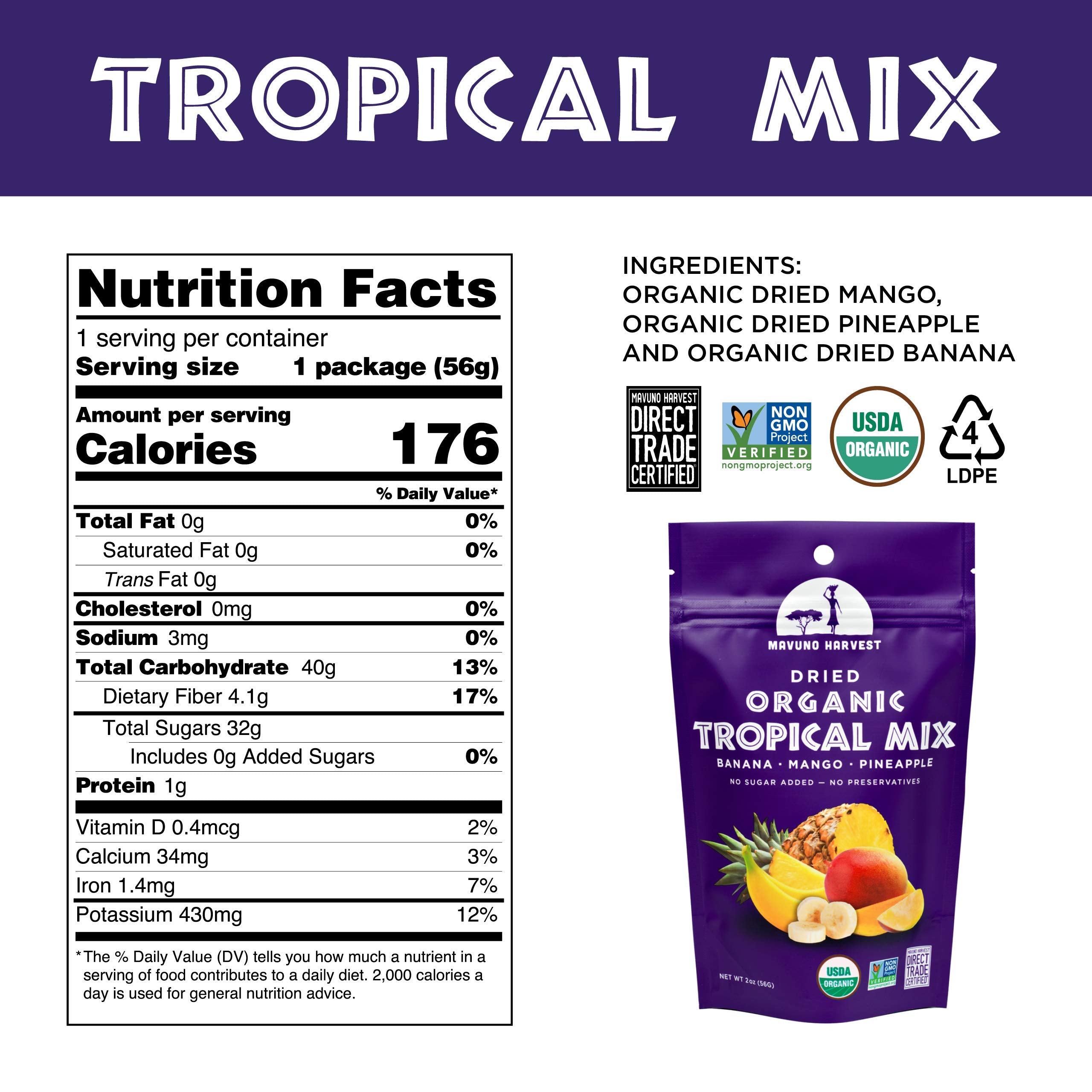 Mavuno Harvest Organic Dried Fruit Variety Pack | Dried Mango, Papaya, Pineapple, Banana, Jackfruit, & Tropical Mix | Healthy, Vegan, No Sugar Added, Non GMO Snacks for Kids & Adults | 2 Ounce, 6 Pack