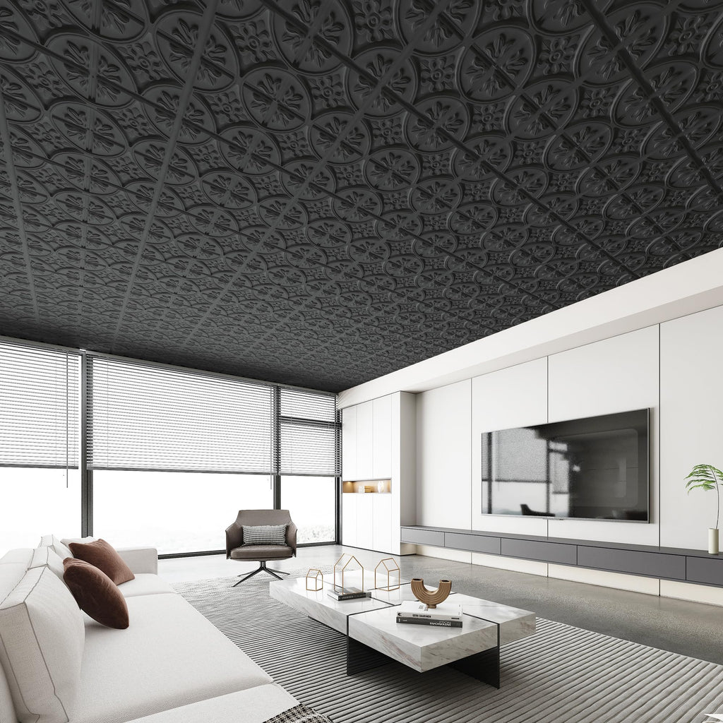 Art3d Drop Ceiling Tiles 24x24in. (12-Pack, 48 Sq.ft), Wainscoting Panels Glue Up 2ft x 2ft for Interior Décor in Living Room, Bedroom & Office, Star Black