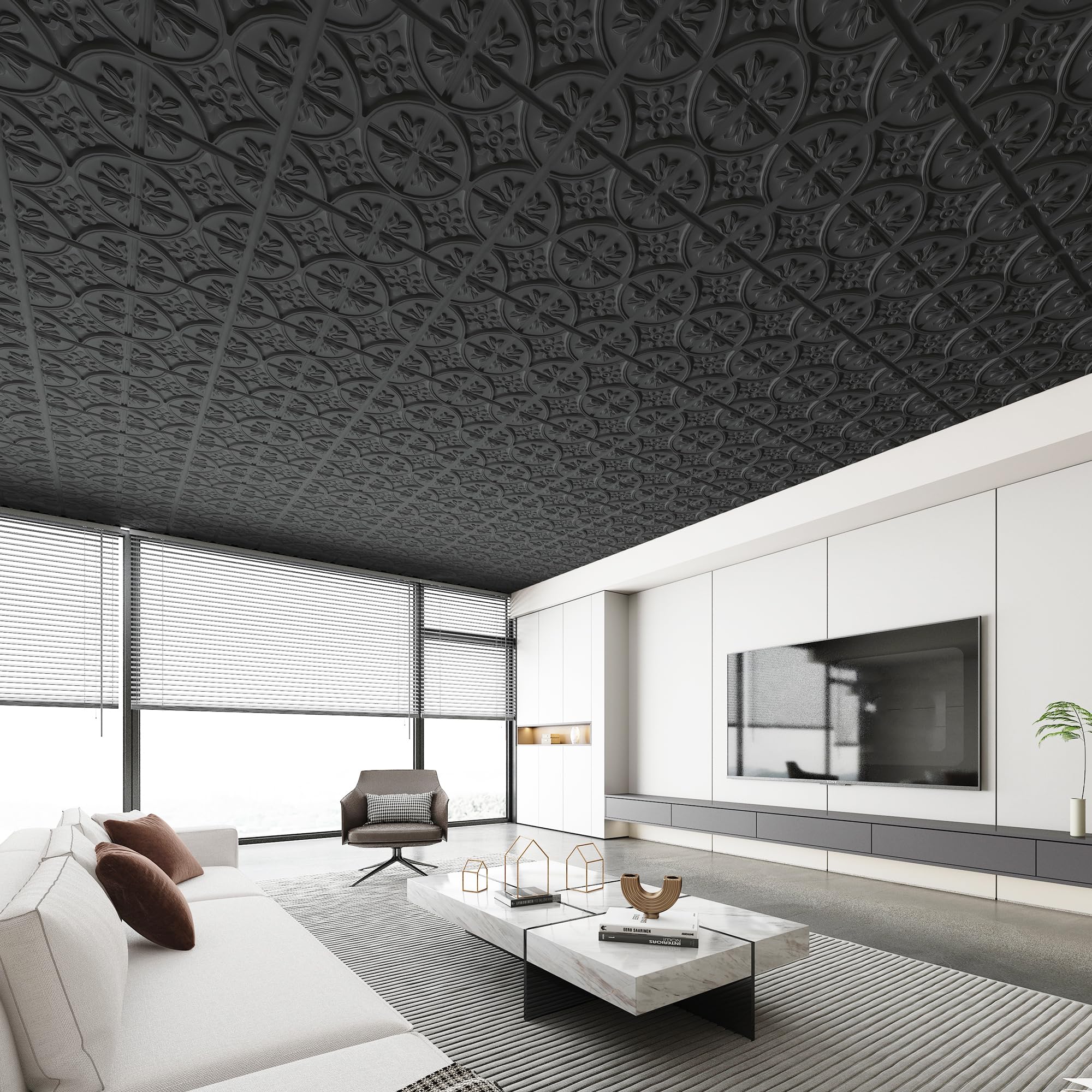 Art3d Drop Ceiling Tiles 24x24in. (12-Pack, 48 Sq.ft), Wainscoting Panels Glue Up 2ft x 2ft for Interior Décor in Living Room, Bedroom & Office, Star Black