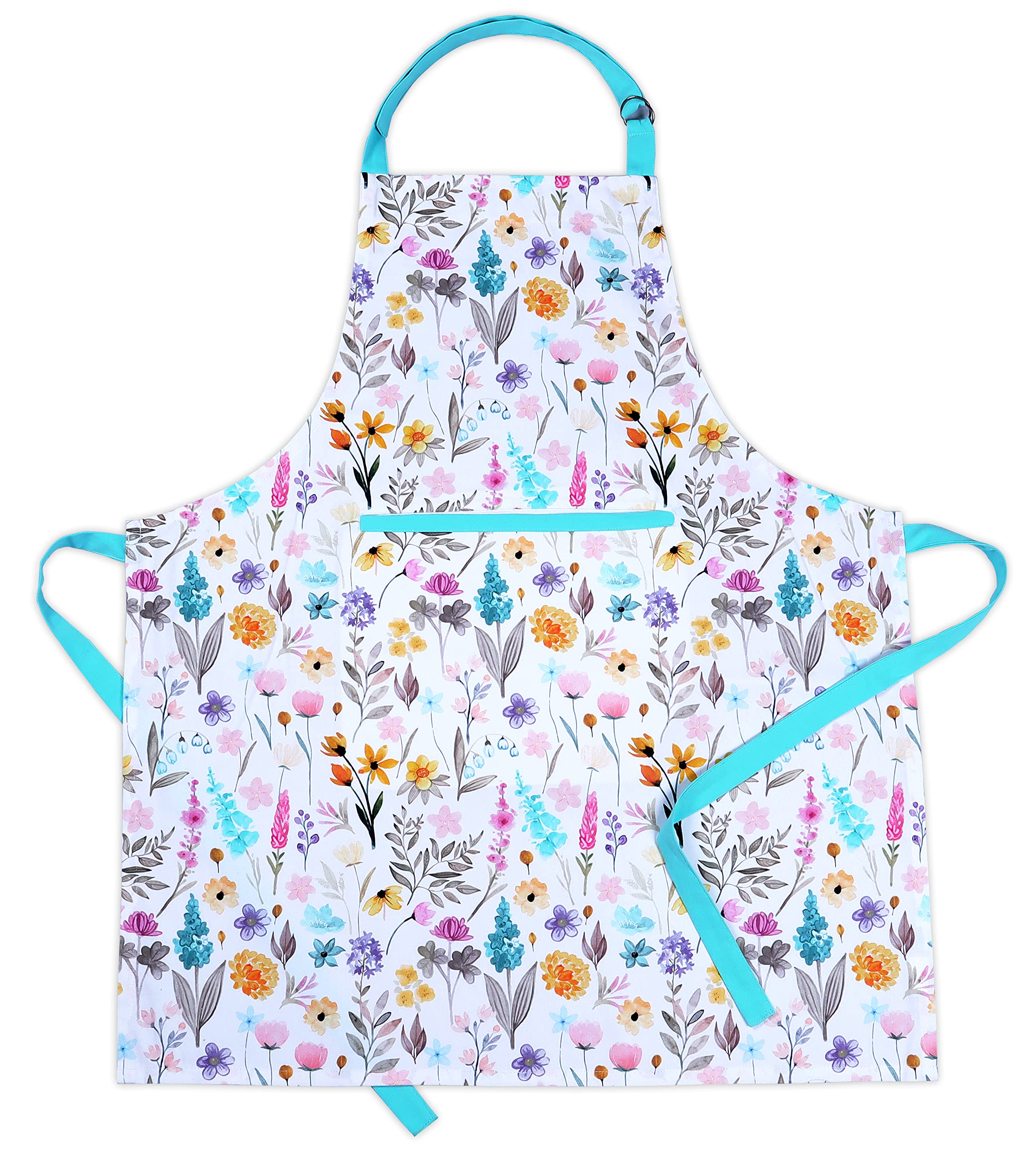 AMOUR INFINI Cotton Aprons for Women with Pocket, Adjustable Strap & Waist Ties - Washable Aprons for Baking, Cooking, Gardening (27.5 x 33 Inches - Blooming Floral)