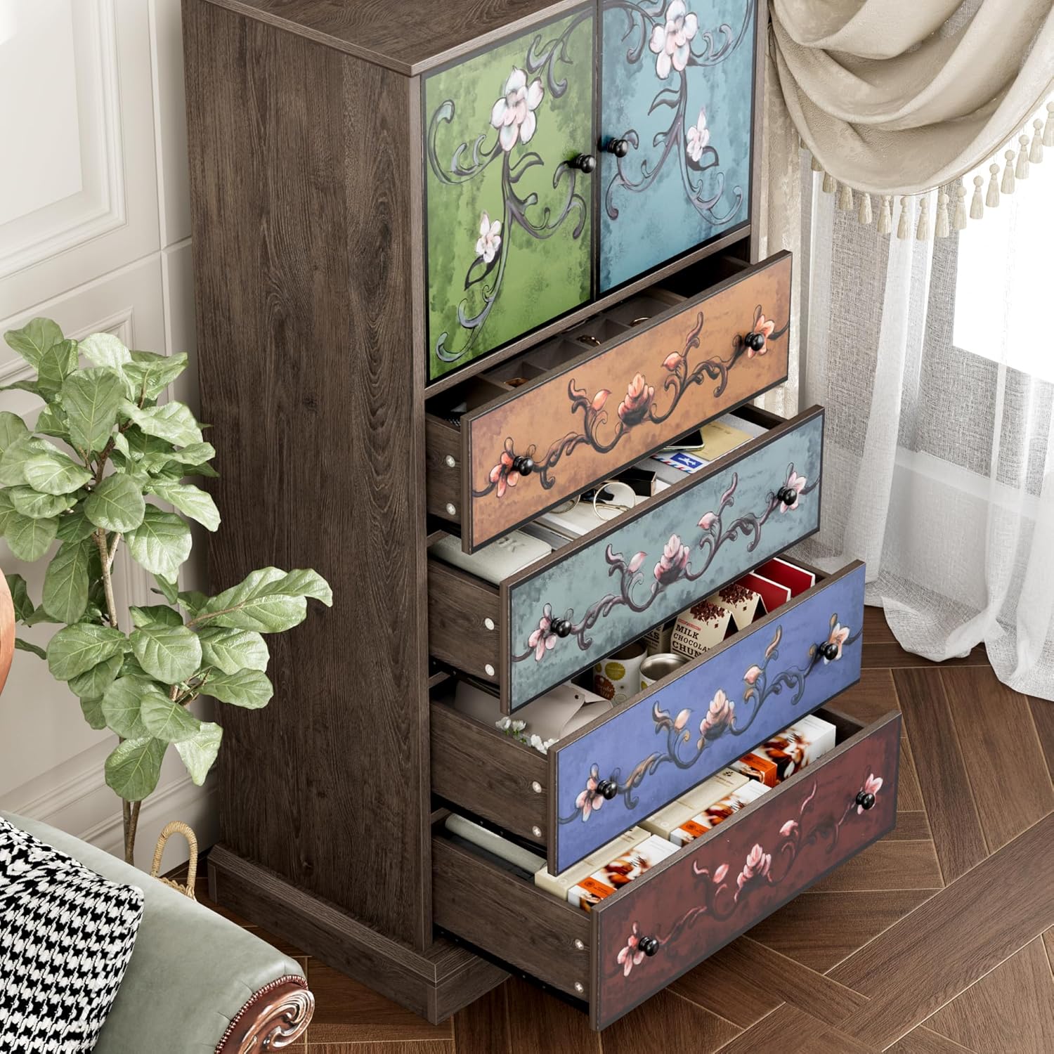 FINETONES 50’’ Tall Dresser, Boho Dresser Vintage Dressers with 4 Drawers and 2 Doors, Wood Chests of Drawers for Home, 16.1D x 23.6W x 50H Inch