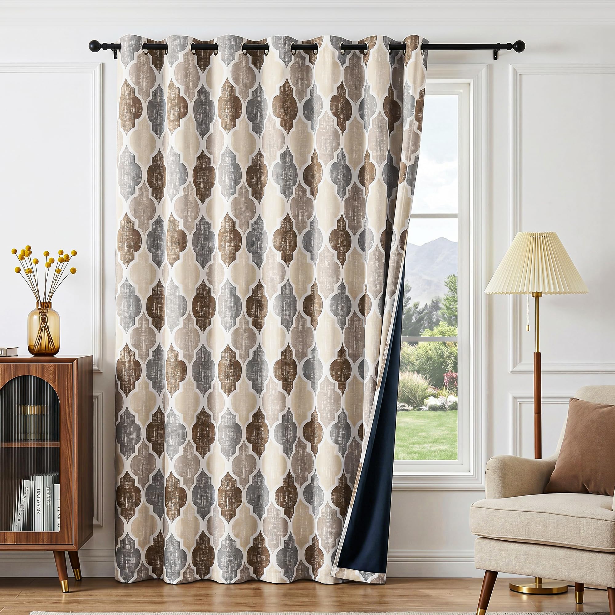 Beauoop 100% Blackout Curtains 45 Inches Long 2 Panels for Bedroom Living Room Aqua Grey Moroccan Geo Room Darkening Thermal Insulated Soundproof Grommet Top Window Treatments Drapes, 50x45 Set of 2