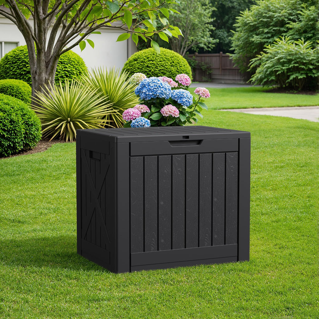 Flamaker Deck Box 30 Gallon, Waterproof Resin Small Storage Box with Lid, Outdoor Patio Furniture Cushion Garden Tool Organizer, Lockable Package Delivery Box for Porch Balcony (Black)