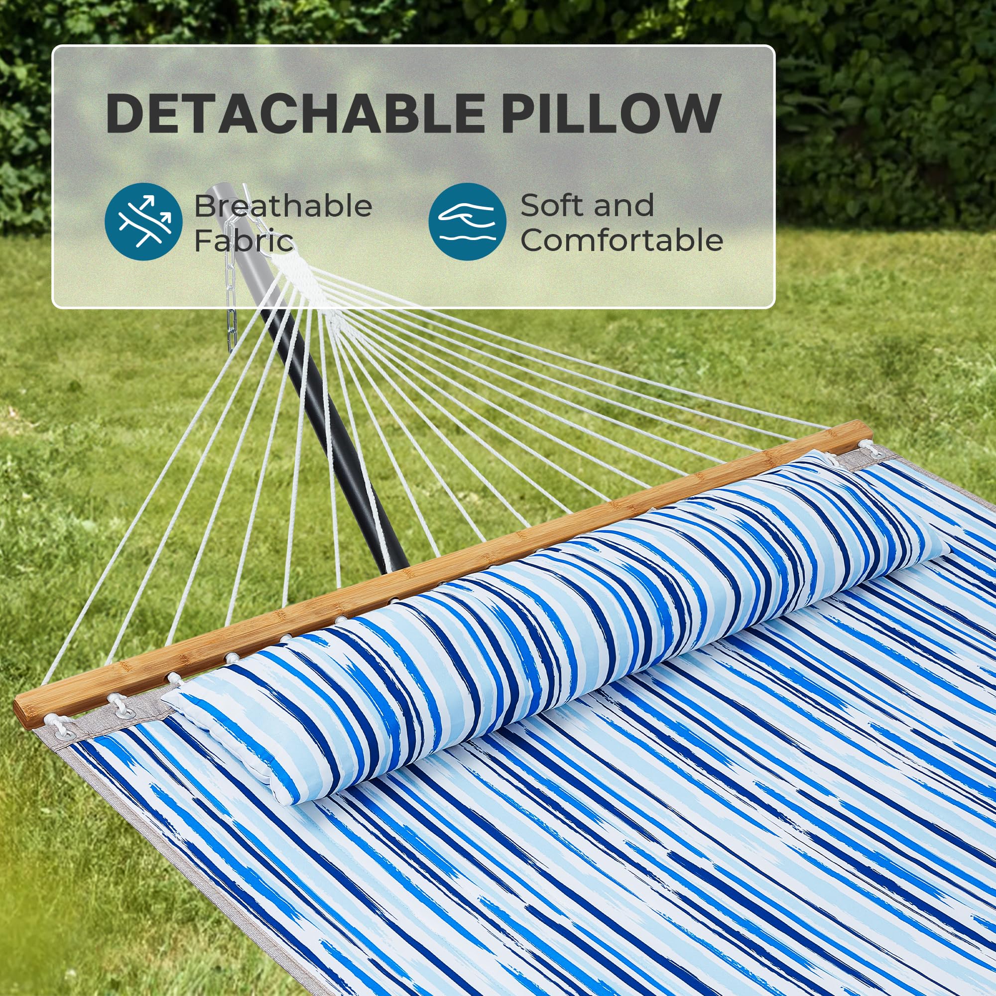 SUPERJARE Hammock with Stand, 2 Person Quilted Outdoor Hammock, Detachable Pillow & Bamboo Spreaders, Portable Hammock with Carrying Bag, Heavy Duty Stand, Perfect for Outside, Patio, Aqua Blue