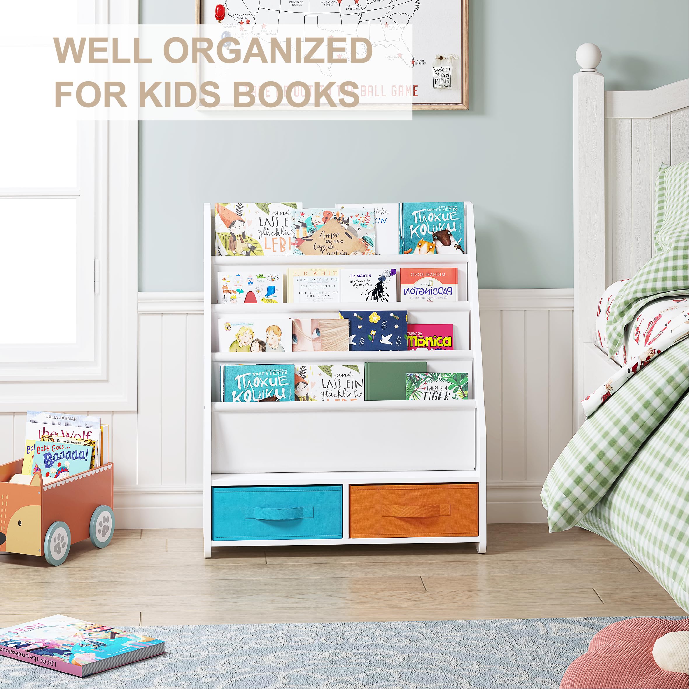 UTEX Kids Sling Bookshelf - Kids Magazine Rack with Organizer, Book Organizer (Espresso)