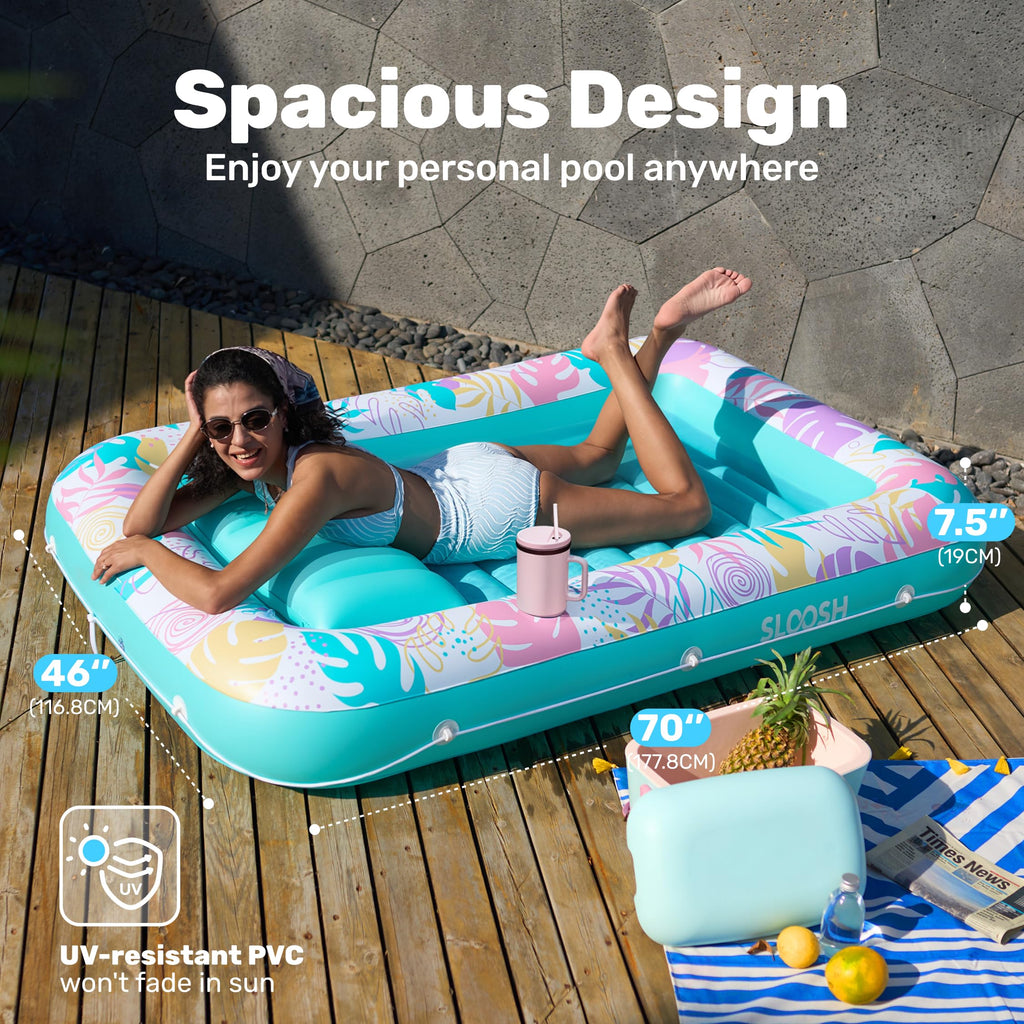 SLOOSH Inflatable Tanning Pool Lounger Float, 85" x 57" Extra Large Pool Floats Adult with Pillow, 4 in 1 Suntan Tub Raft Floatie,Sunbathing Bed Lounge for Water Blow Up Ball Pit Party Gifts, XL-Blue