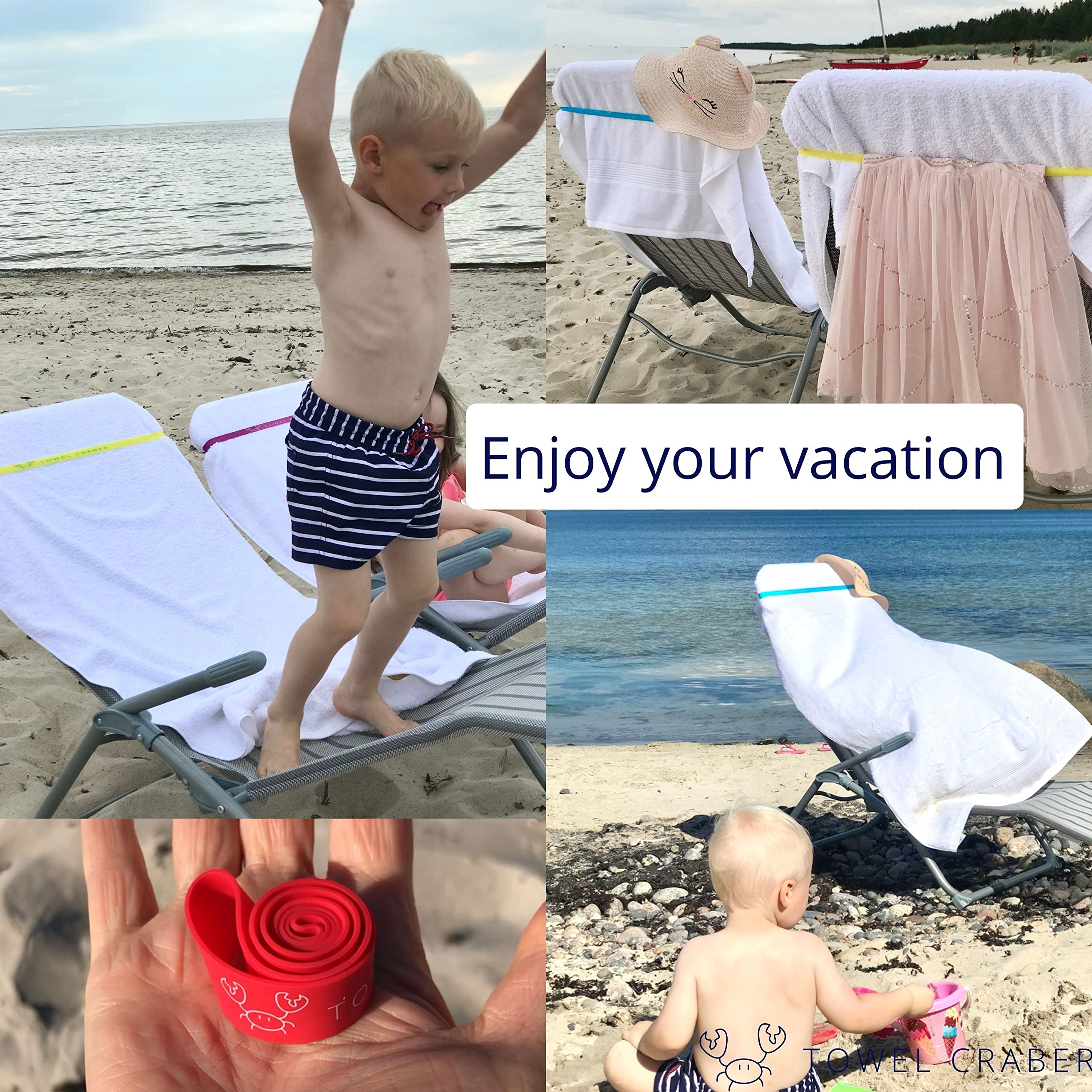 Towel Crabber Towel Bands (6-Pack), Beach Pool & Cruise Chairs, Extra Durable, Cruise Ship & Beach Essentials, Alternative to Beach Towel Clips (3 Regular + 3 Glow in The Dark)